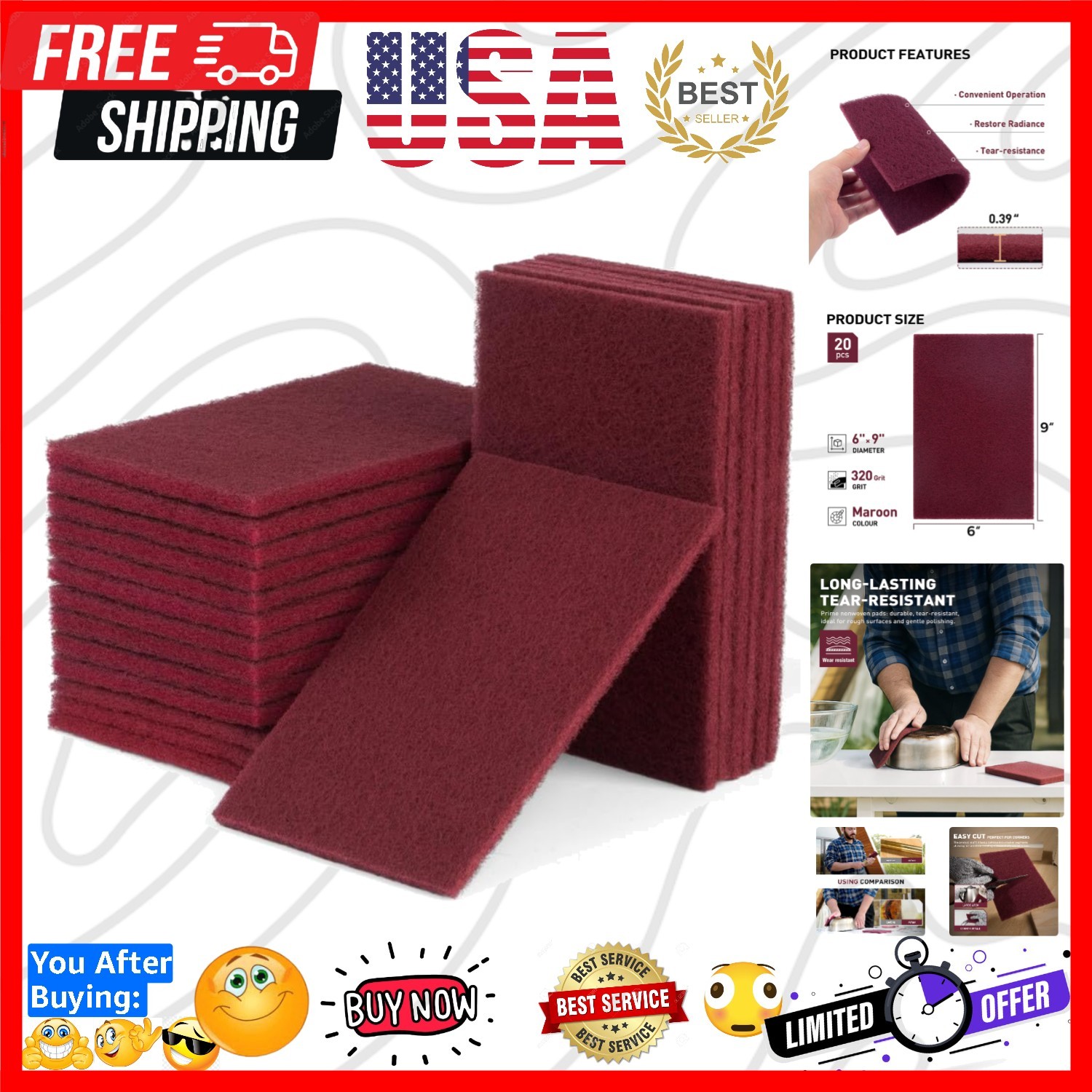 6”×9” Maroon Scuff Pads, Pack of 20 Automotive Pads with Aluminum Oxide,  San...