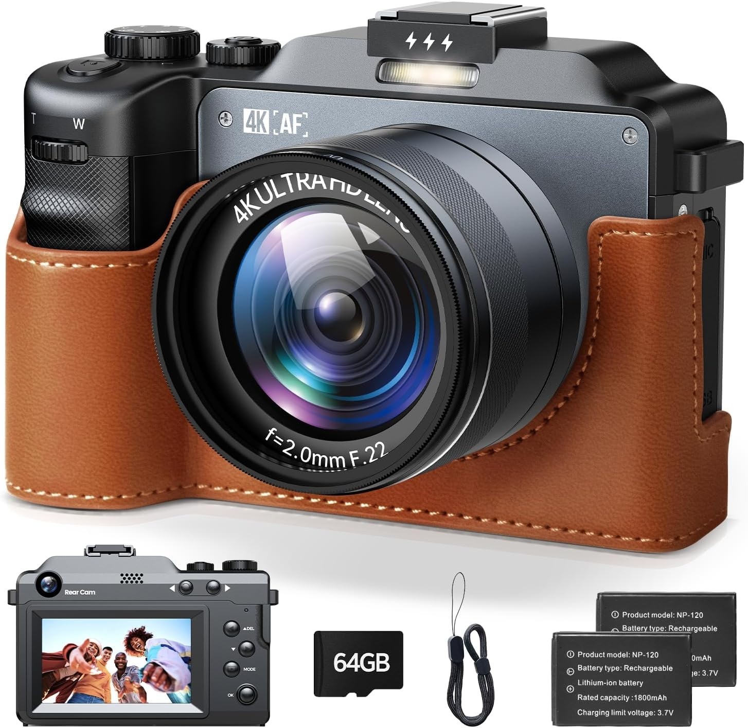 4K Digital Camera for Photography 64MP Dual Lens 18X Zoom 2x Batteries 64GB Car