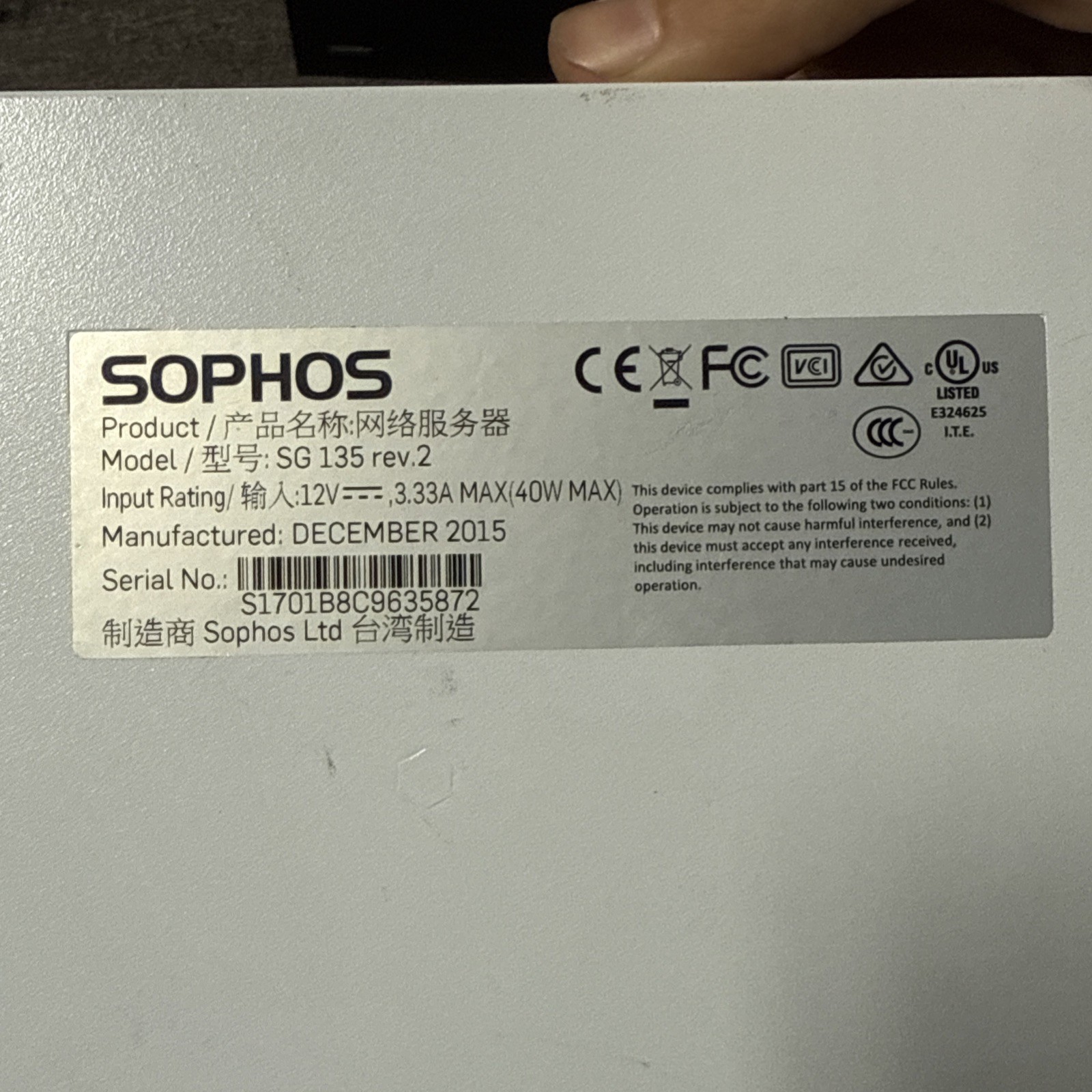 Sophos SG 135 Rev 2 Network Security Firewall *Read*