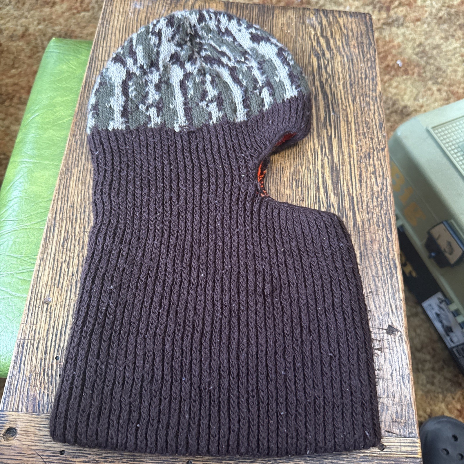 Vtg Camo Orange Hunting Face Mask Balaclava Knit Hat Winter Beanie Cap USA Warm