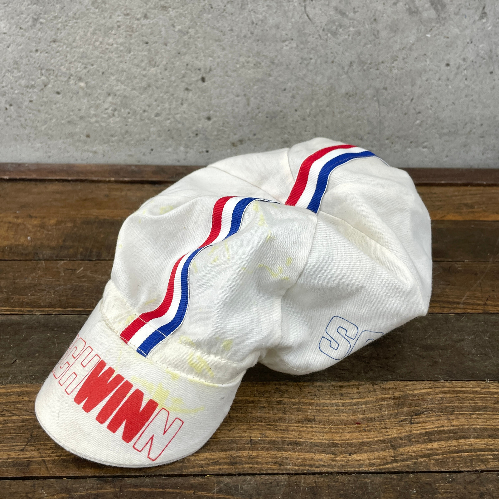 Vintage Schwinn Cycling Hat Cap Stripe Bicycle Race Bike Eroica Red White Blue