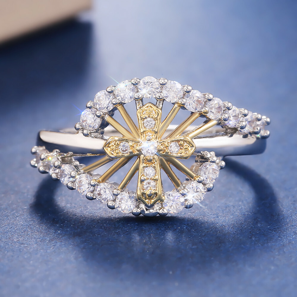 Fashion Cross Two Tone 925 Silver Filled Ring Women Jewelry Wedding Ring Sz 6-10