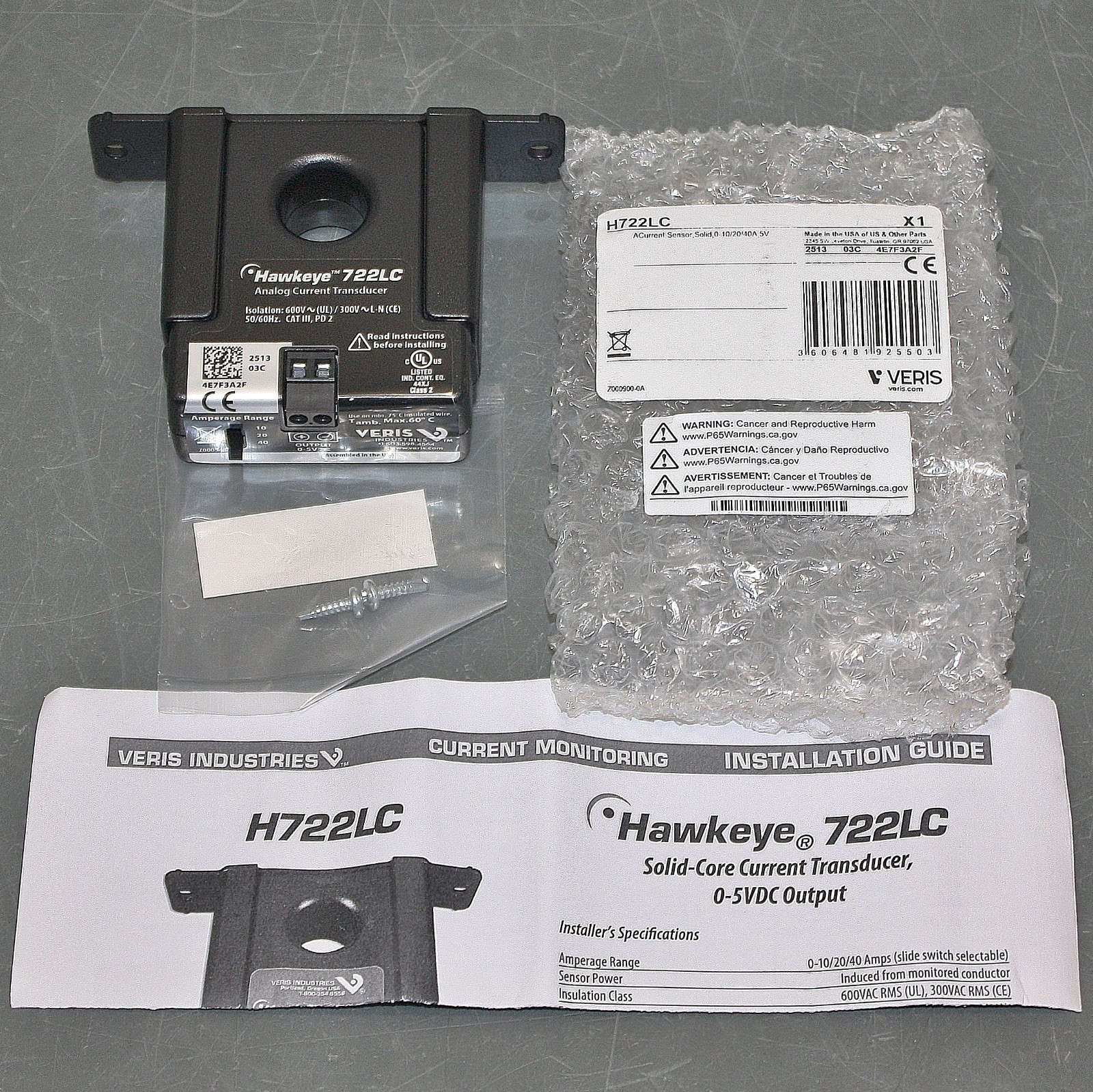 Veris Hawkeye HX22 Current Monitoring Transducer H722LC, 0- 10/20/40 A, 0 - 5VDC