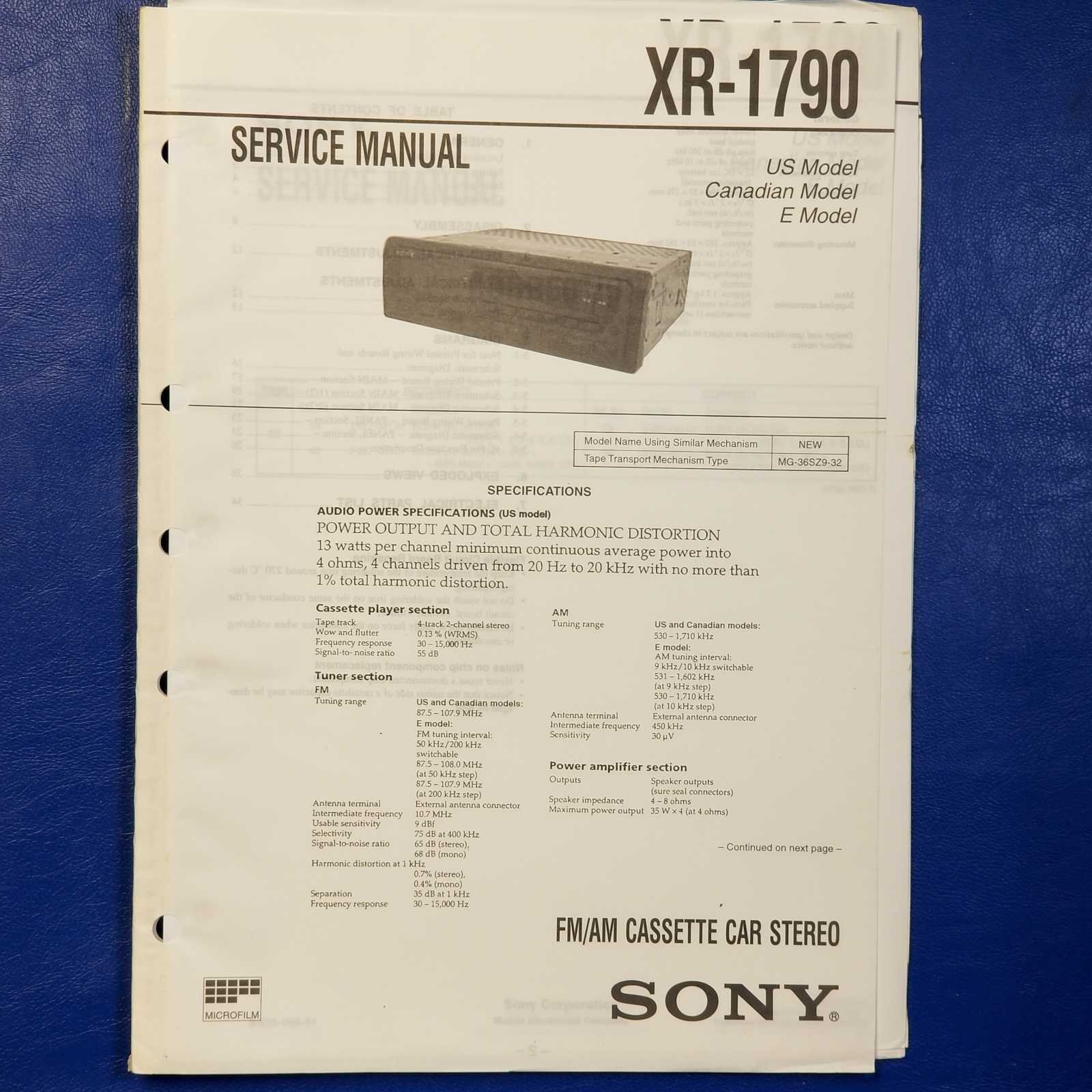 SONY XR-1790 Service Manual Original Paper OEM Repair Guide - USA