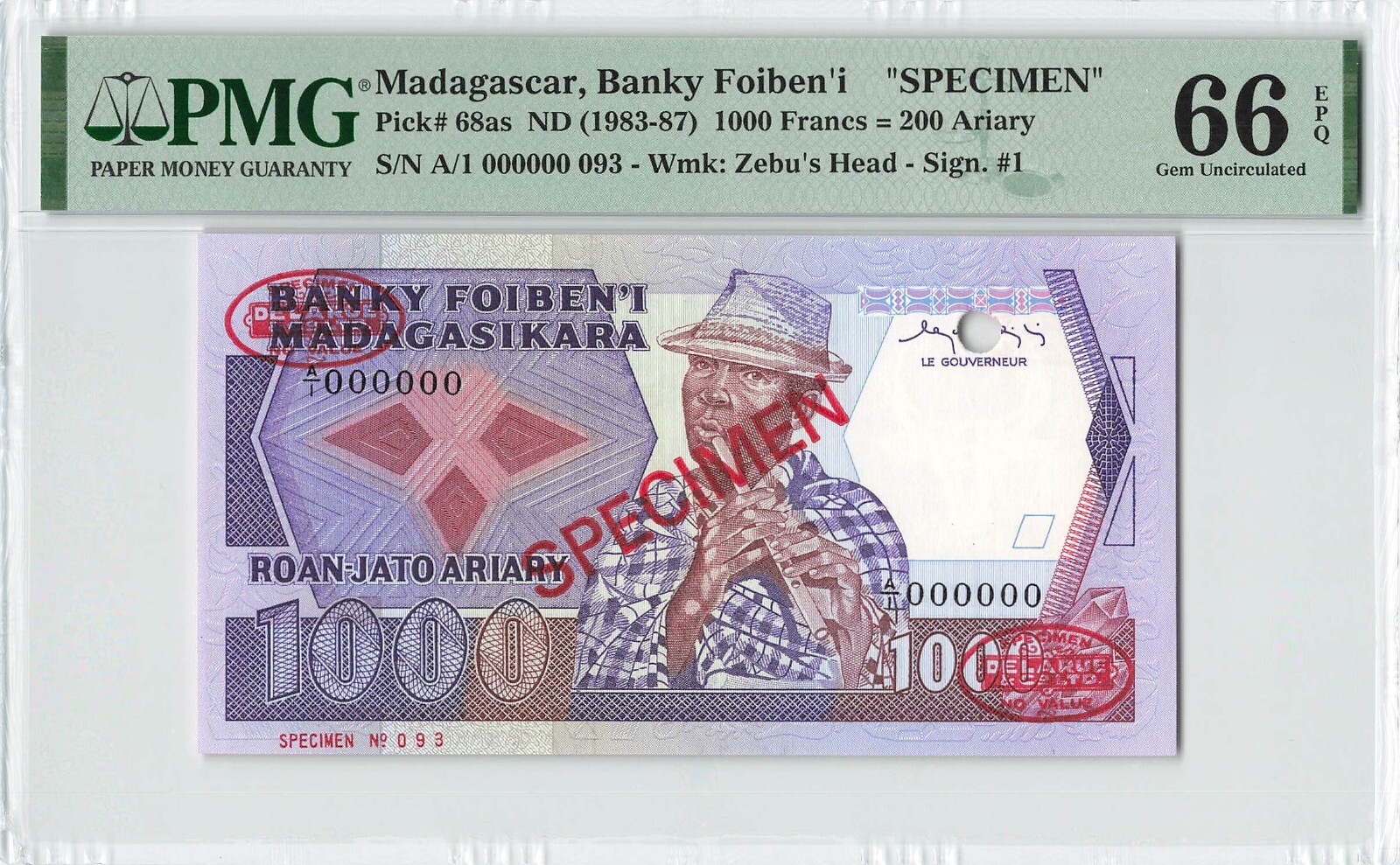 MADAGASCAR 1000 Francs 1983-87, P-68as SPECIMEN PMG 66 EPQ Gem UNC, Prefix A/1
