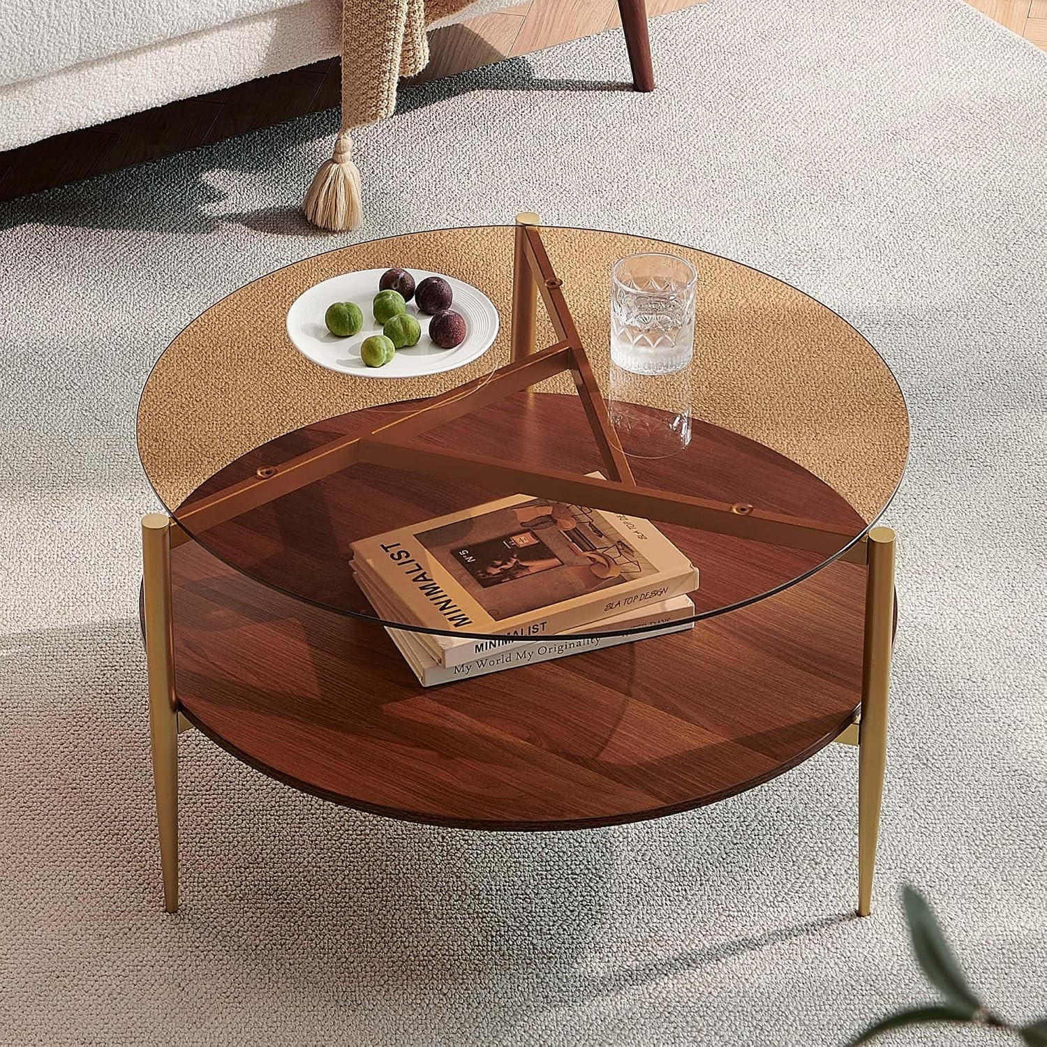 Round Coffee Table Mid-Century Modern Design D30*H17 inch Living Room 2-Tier