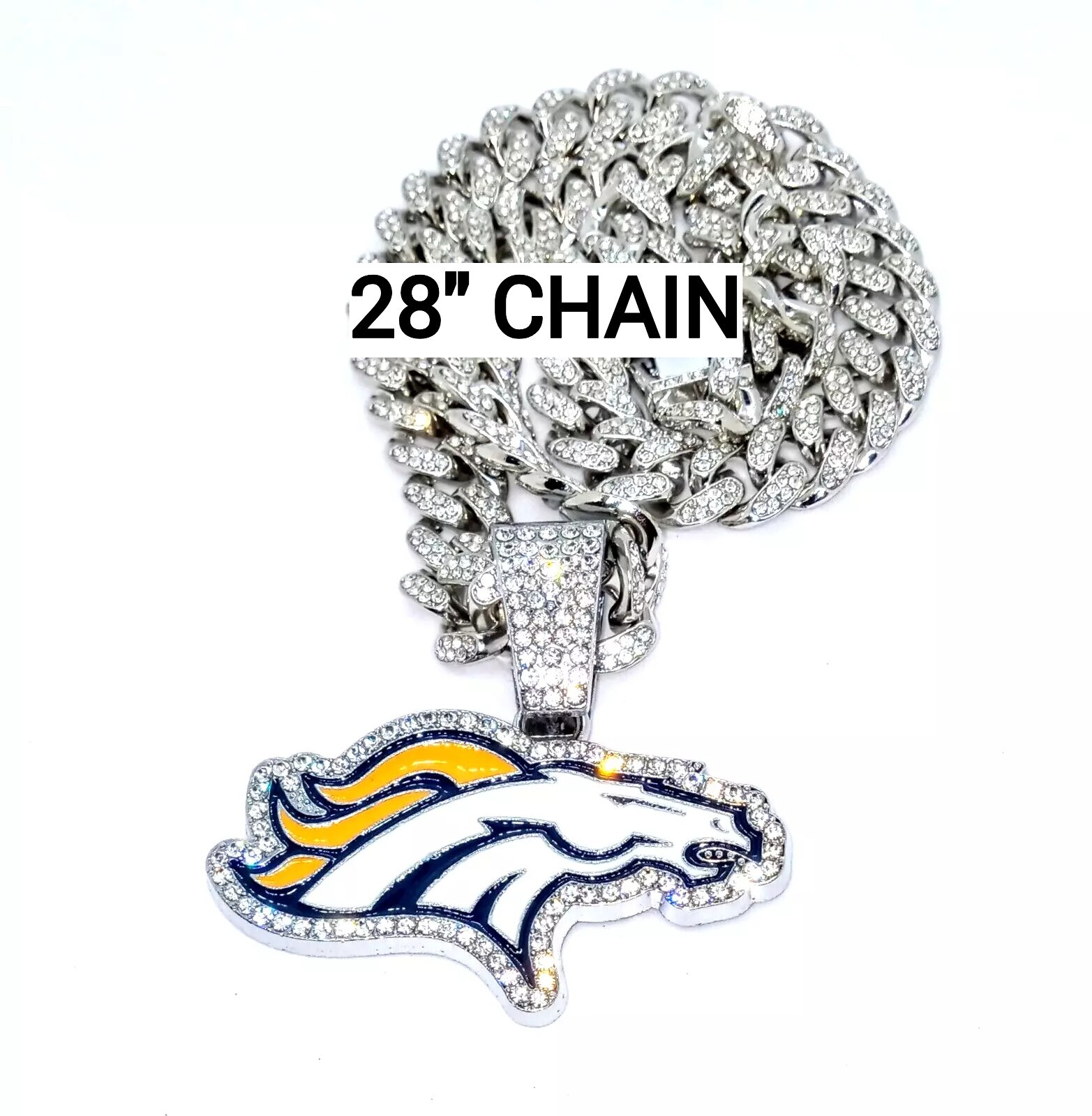 DENVER BRONCOS GEM NECKLACE Silver Bling Football Hip Hop Pendant & 28" Chain