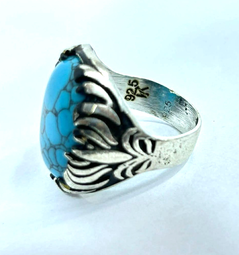 ​Royal 925 Sterling Silver Ring with Pure Blue Turquoise - 11g - Size 11 US
