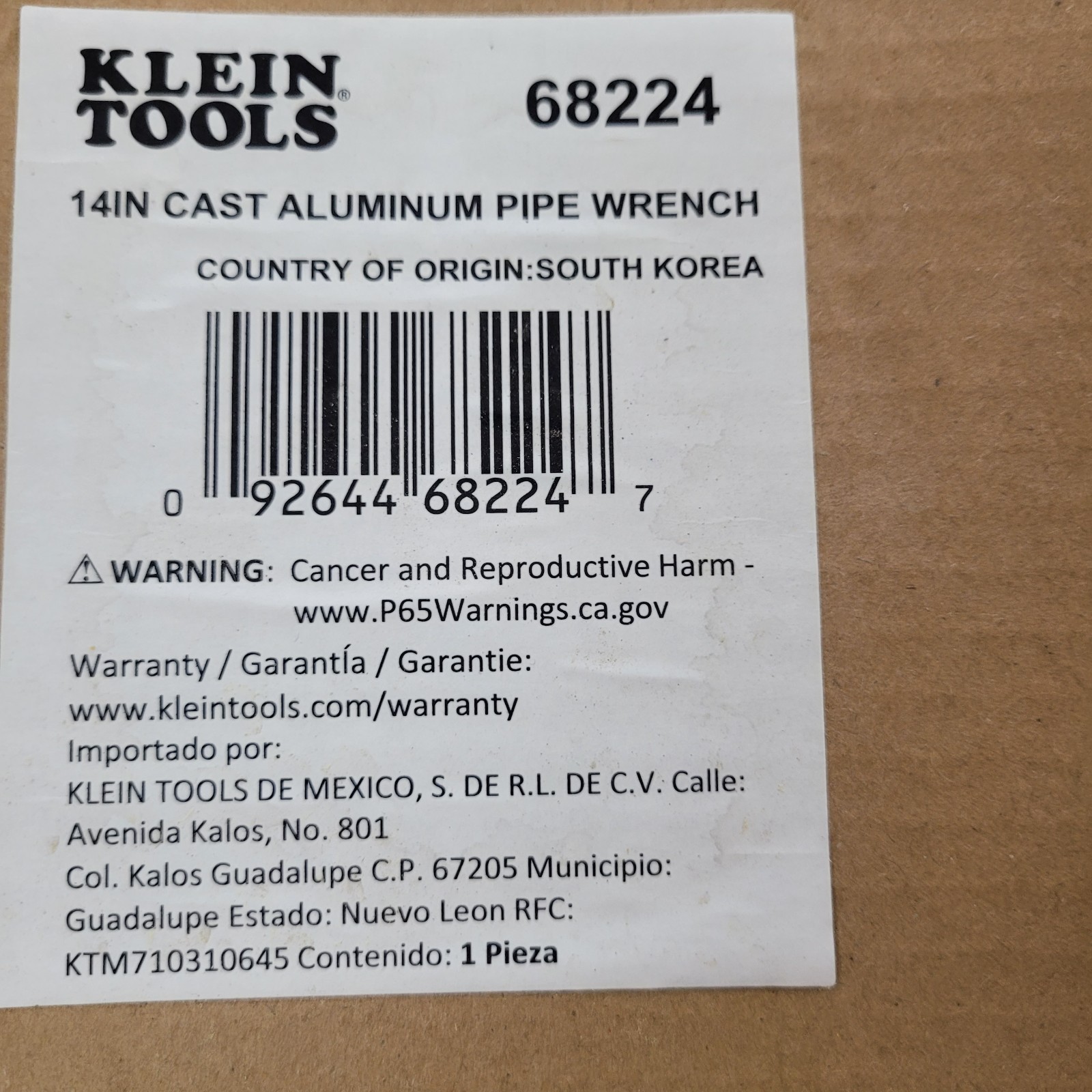 New Klein Tools 68224 Adjustable Cast Aluminum 14" Pipe Wrench