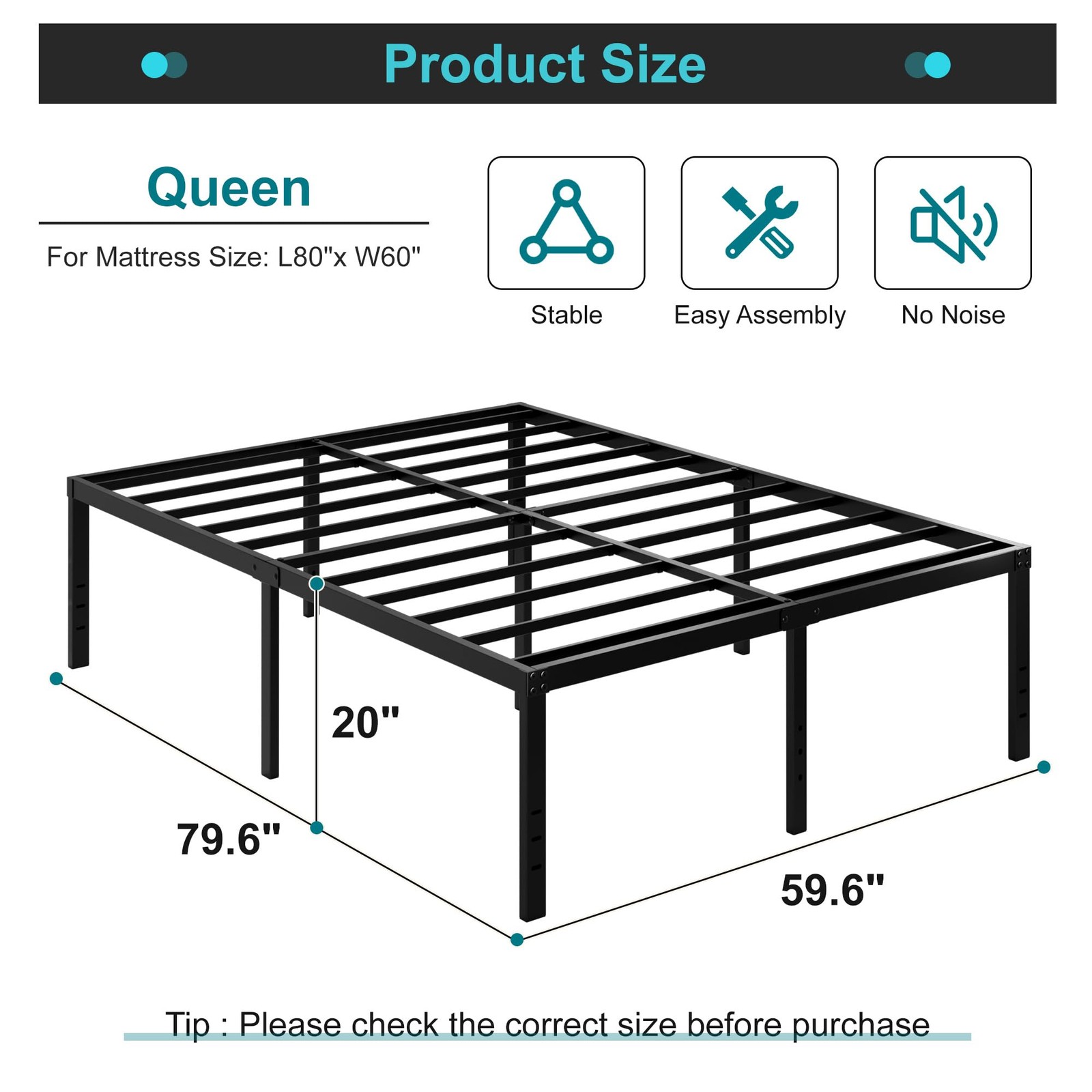 20 Inch Queen Bed Frame, Heavy Duty Metal Platform, No Box Spring Needed