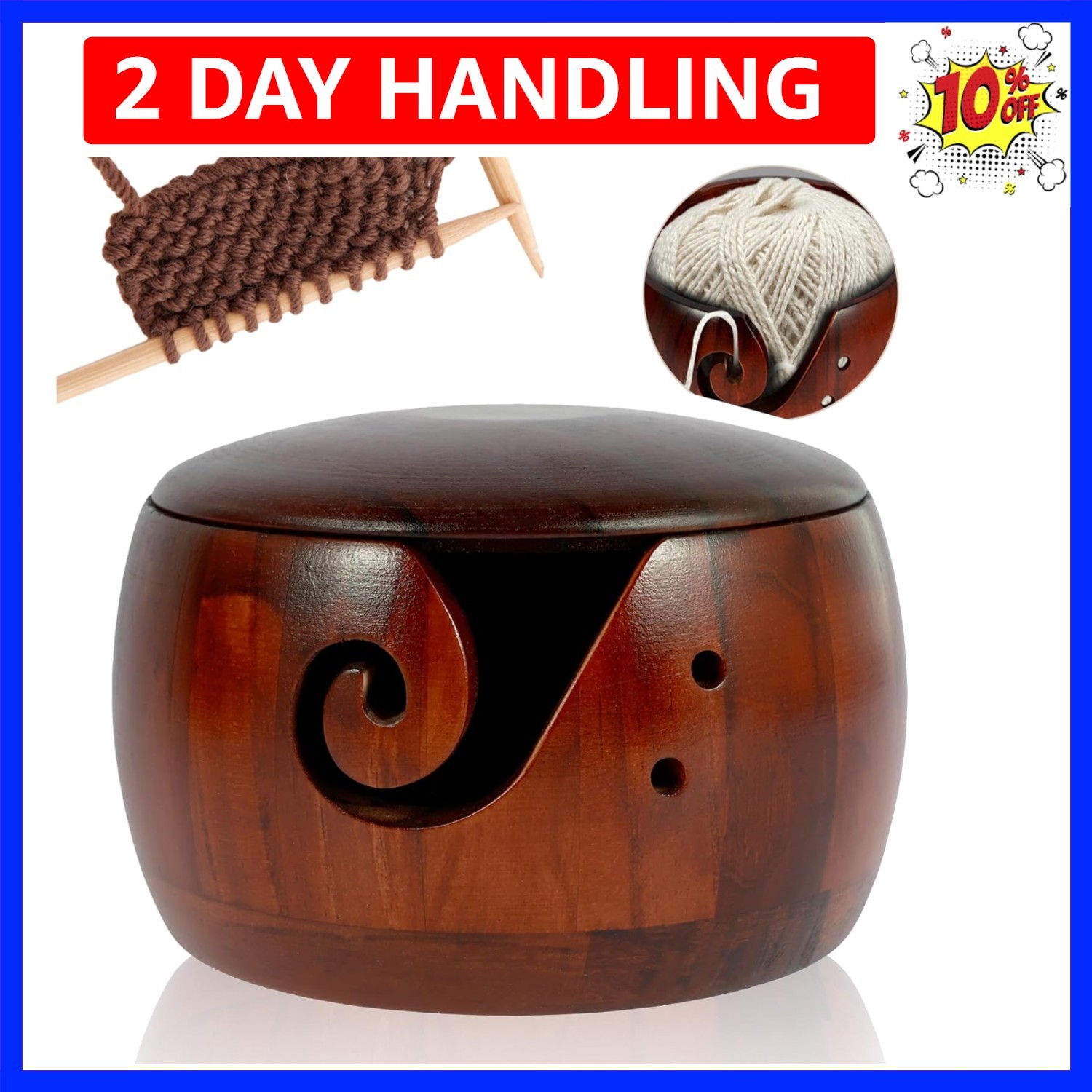 with Lid, 6inch Knitting Yarn Bowl with Carved Holes, Crochet Yarn Bowls for ...
