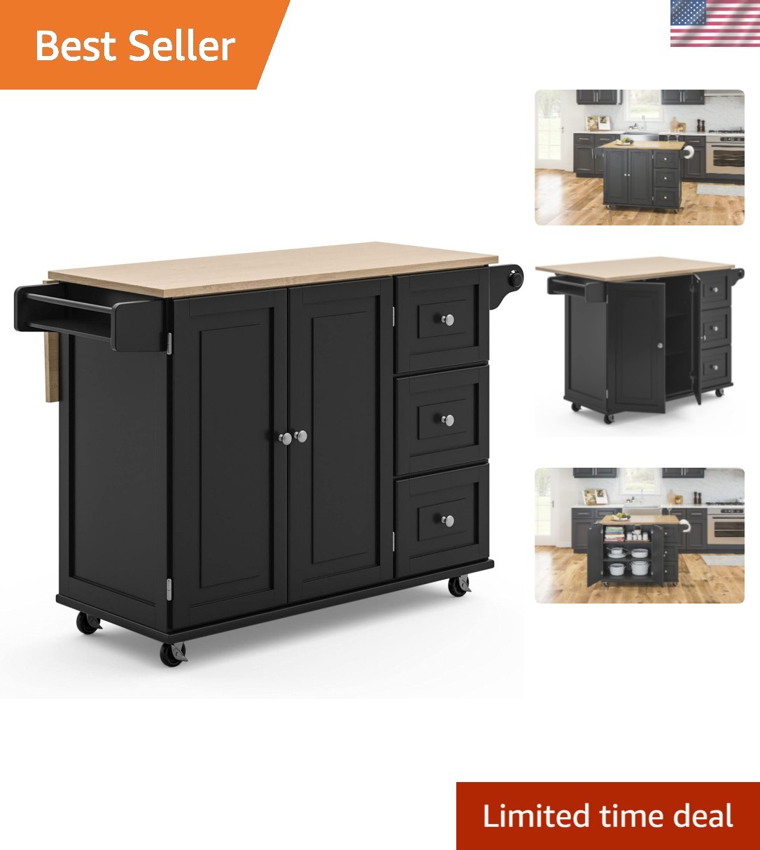 Dolly Madison Black Mobile Kitchen Island Cart with Wood Drop Leaf Breakfast Bar