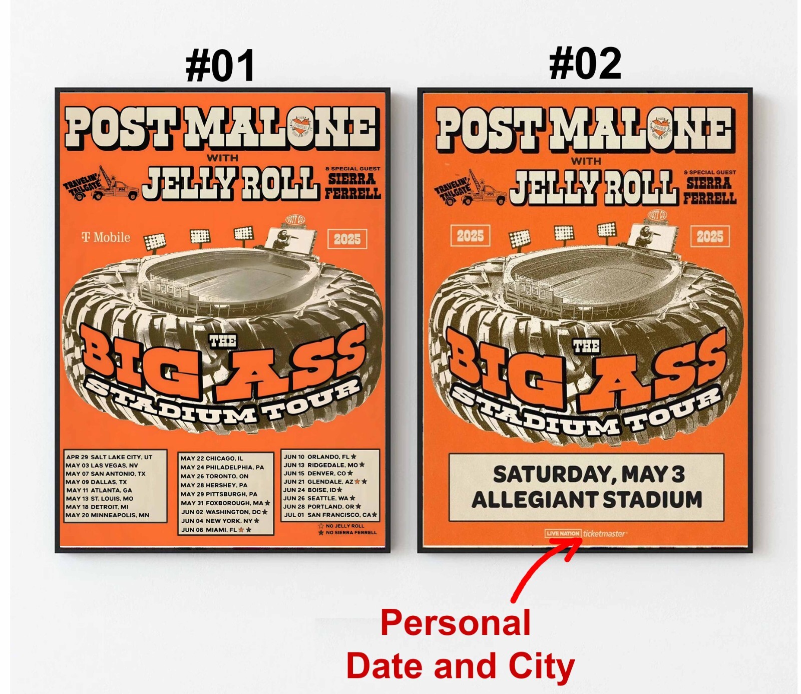 Post Malone The Big Ass Stadium Tour 2025 Poster, Custom Date and City tour