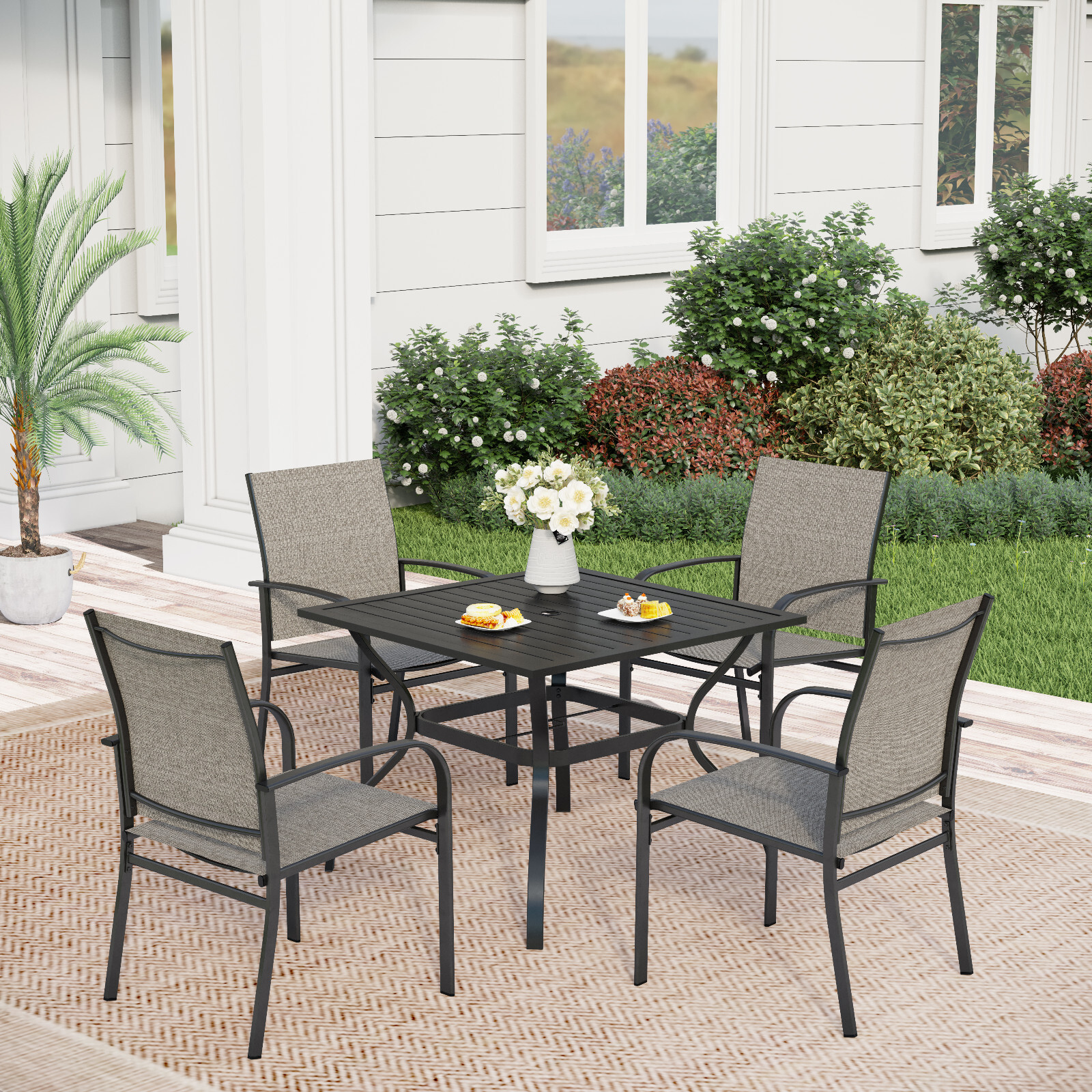5 Piece Outdoor Dining Set Patio Table & Chairs Set 4 Textilene Chairs