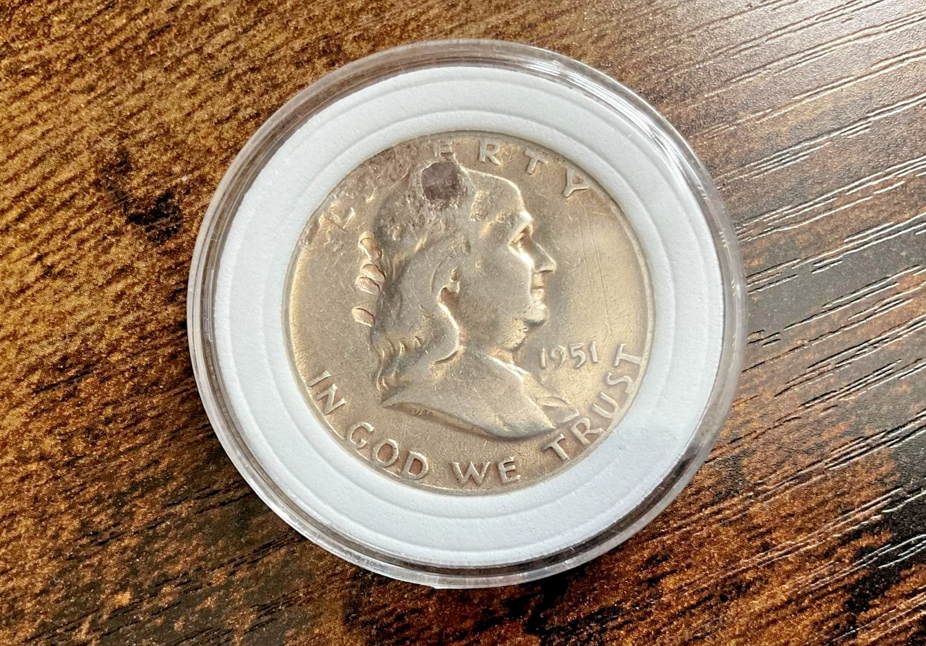 1951 P Franklin Half Dollar 90% Silver Holed Damaged Coin 50C