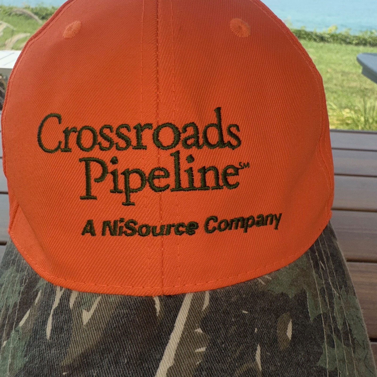 Crossroads Pipeline A Nisource Co Fluorescent Orange Camo Hat Cap Hook Loop EUC