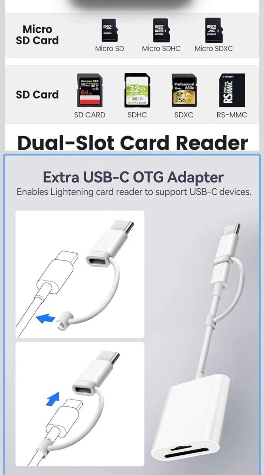 SD Card Reader for iPhone iPad, &USB-C Dual Connector, Support SD/MicroSD Cards