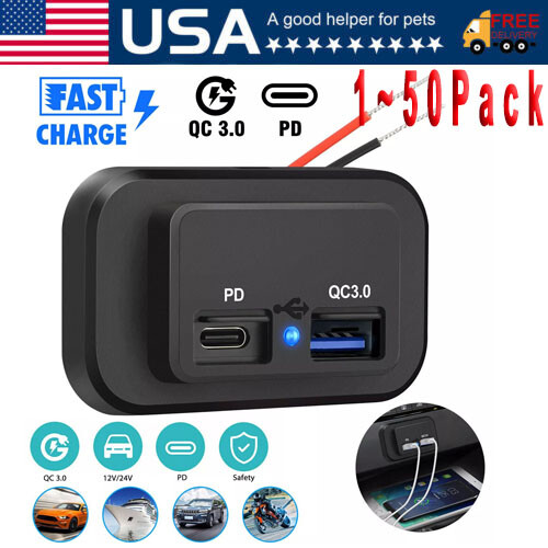 12-24V 4.8ADual USB PDQC3.0 Car Boat RV Fast Charger Socket LED Power Outlet lot