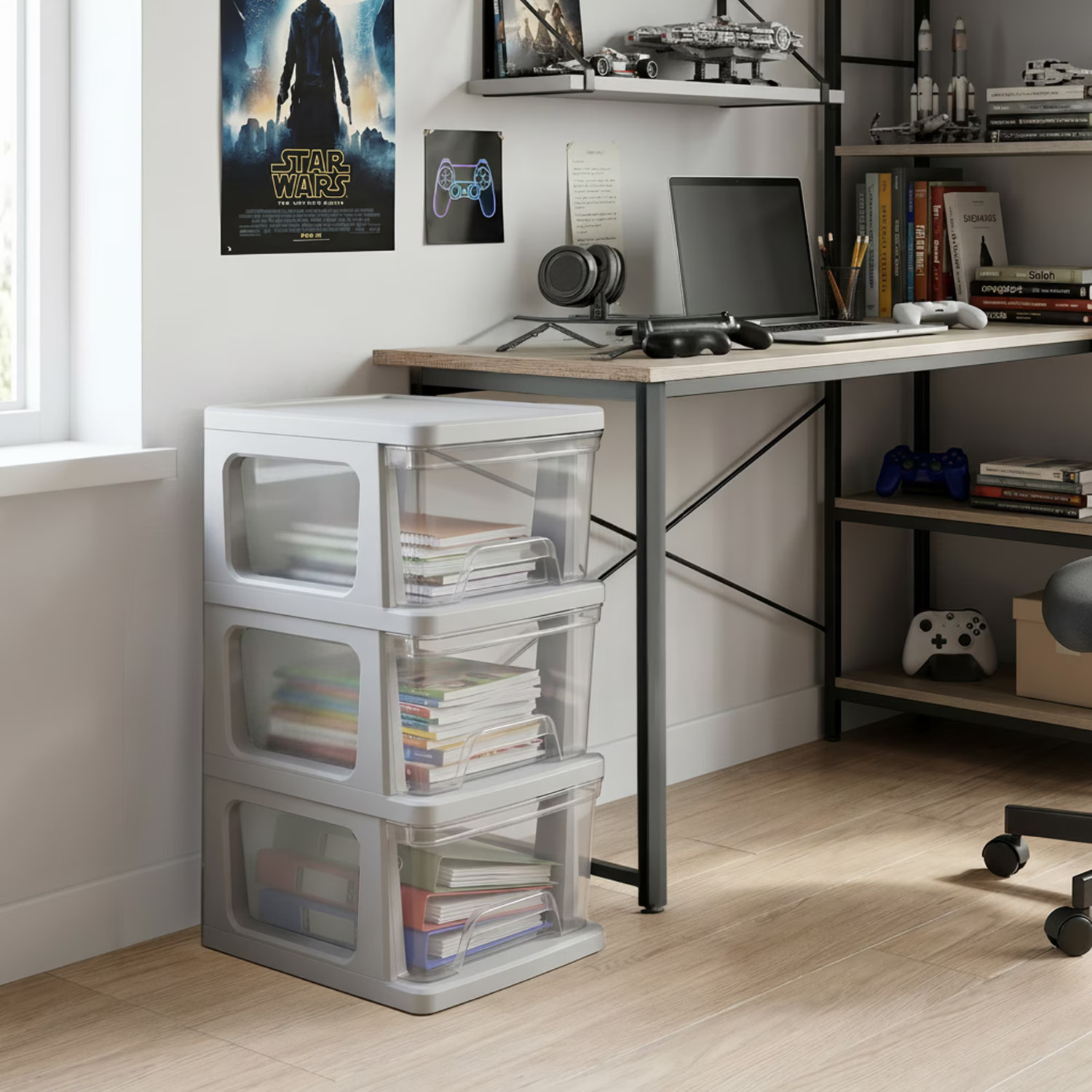 Starplast 3-Drawer Organization Tower Medium Storage Cart, Silver Plastic, 2 PK