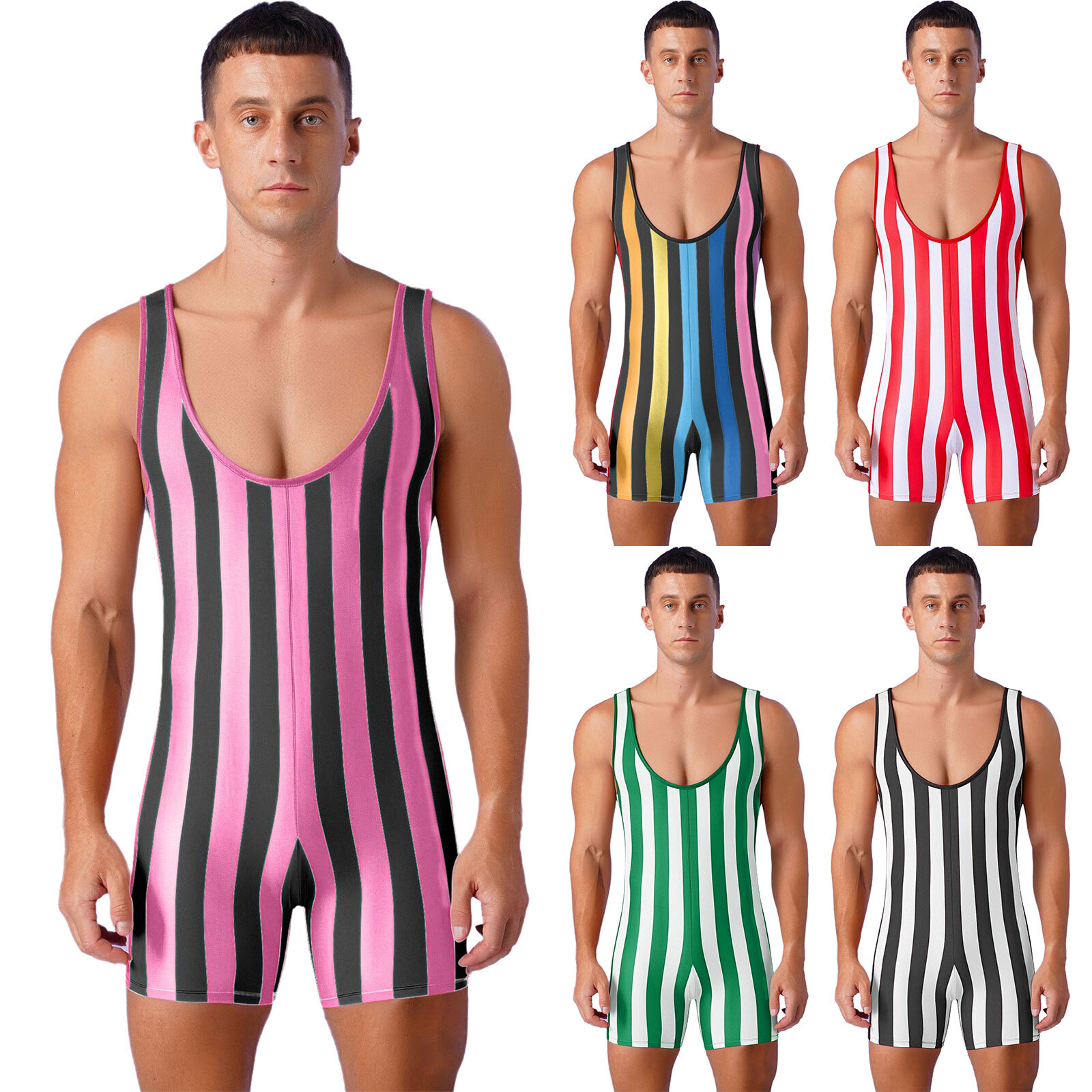 Men's Striped Wrestling Singlet Sleeveless Bodysuit Bodybuilding Gym Sports
