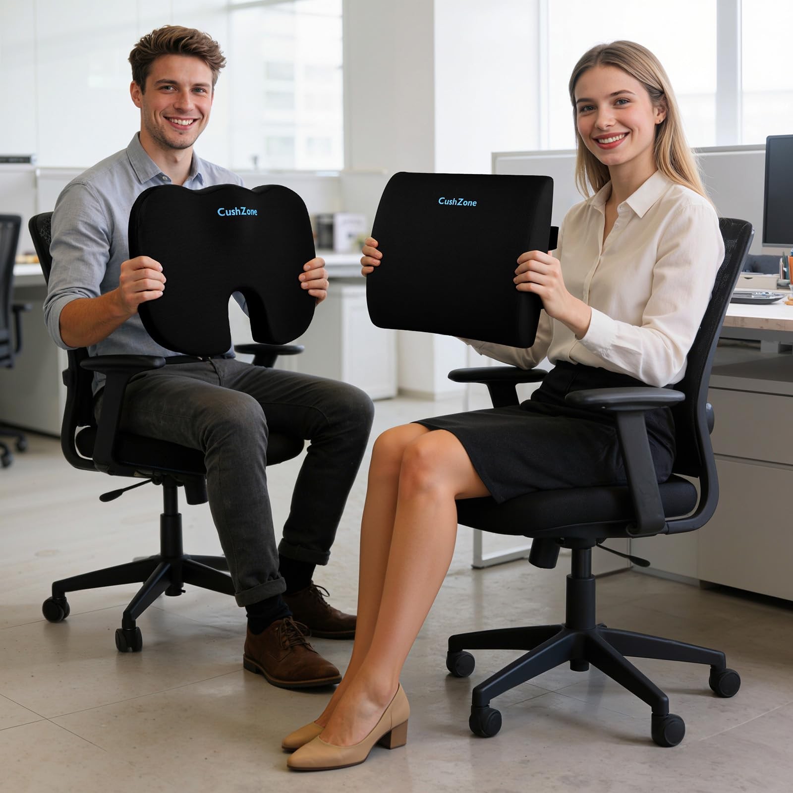 CushZone Seat Cushion, Lumbar Support Pillow with Adjustable Large, Black