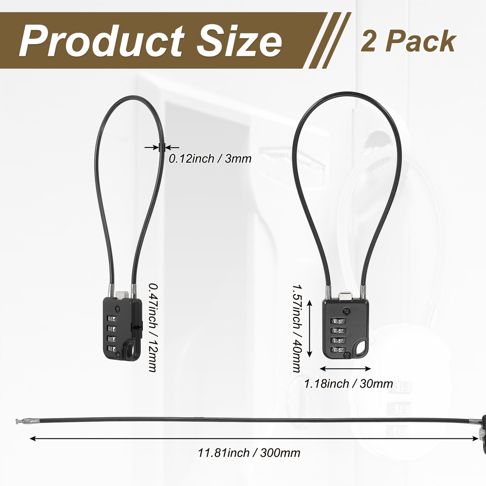 2-Pack Combination Padlock, 4 Digit 12 in Cable Luggage Lock [Black]