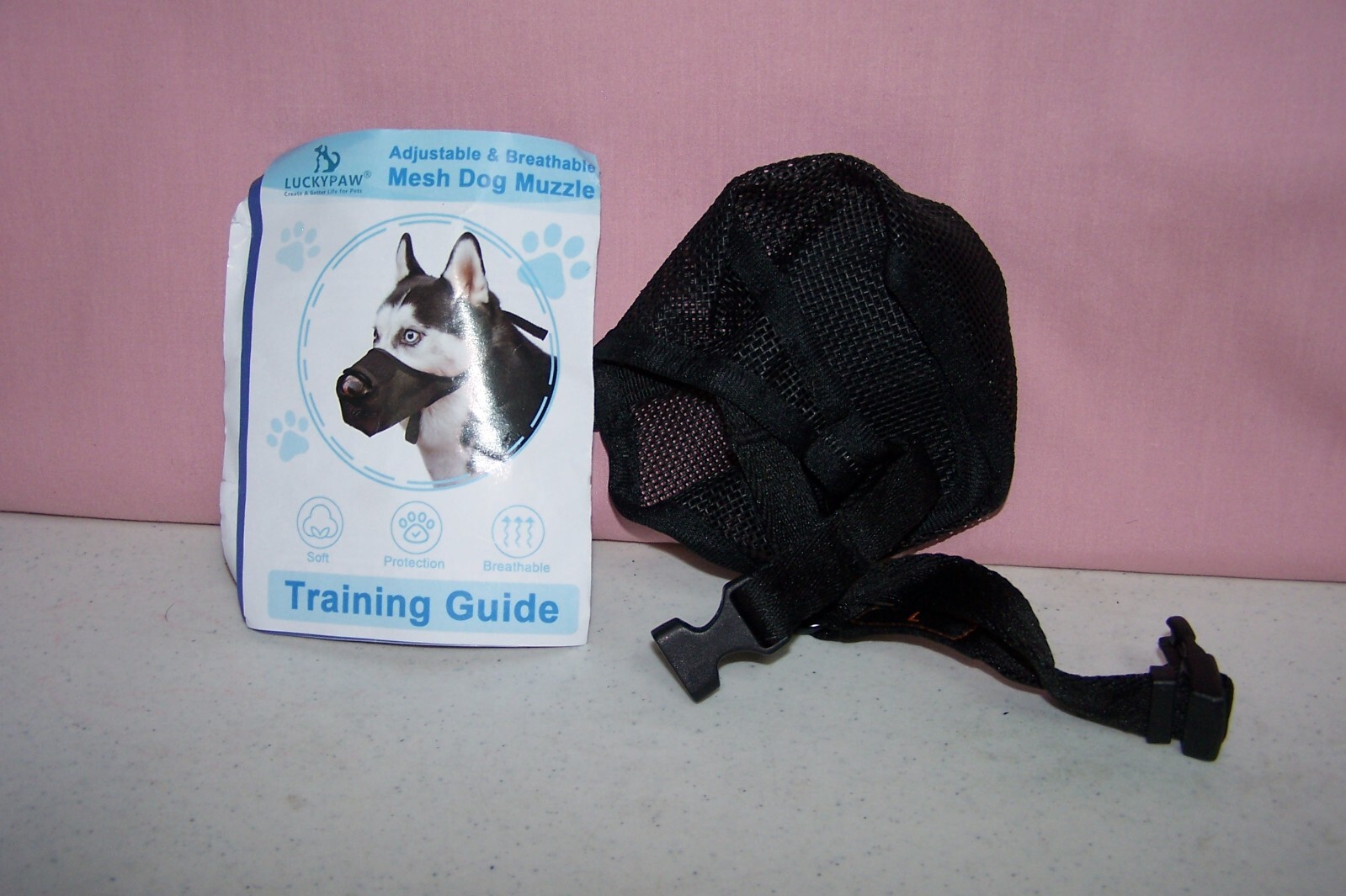 Lucky Paw Adjustable & Breathable Black Mesh Dog Muzzle w/ Training Guide Sz. L