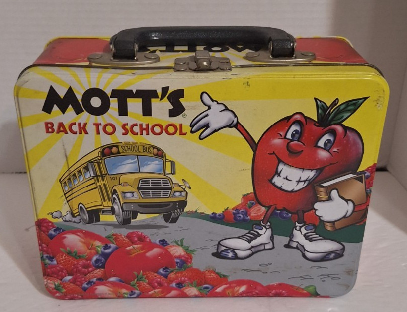 Vtg Metal Lunch Box Mott's Back to School Y2k Apple Juice Applesauce School Bus
