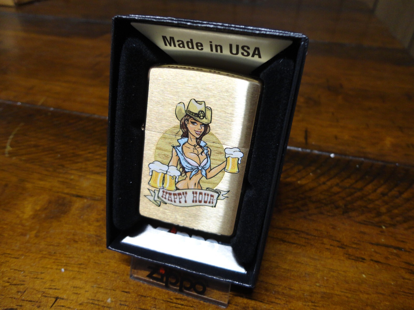 HAPPY HOUR COWGIRL BEER BRASS ZIPPO LIGHTER MINT IN BOX