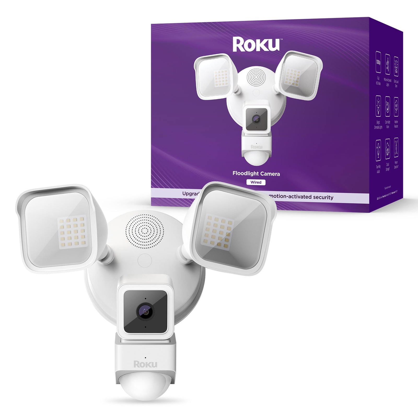 Roku Floodlight Camera for Home Security, Wired Outdoor 1080p HD Security Cam