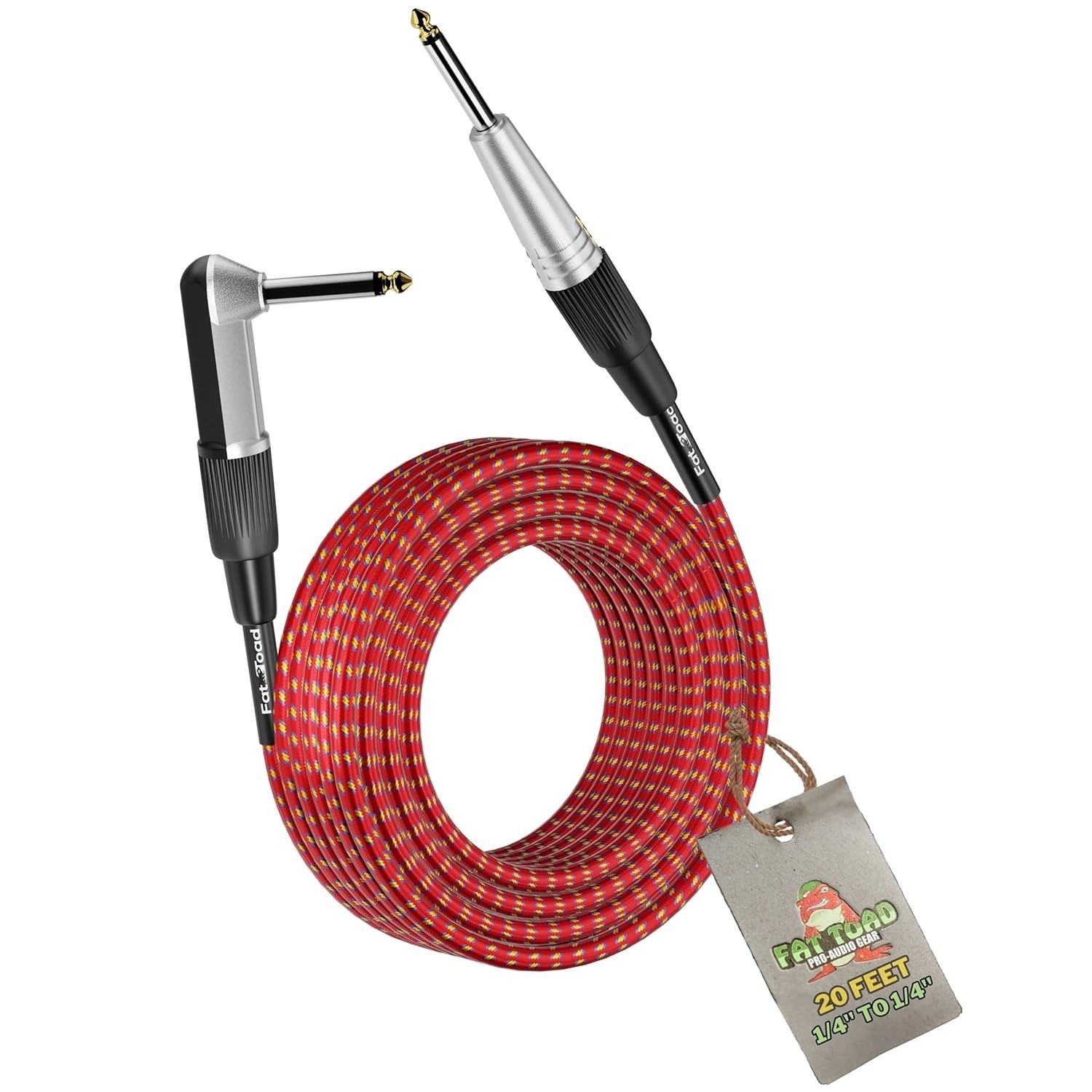 Fat Toad 20ft!! Bass/Guitar Cord TS Right Angle to Straight 1/4" Cord 24awg