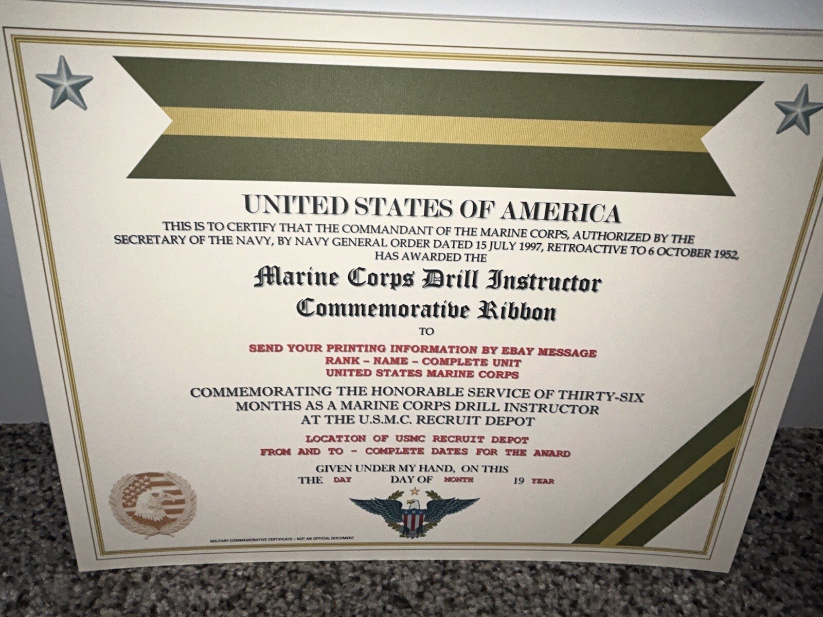 U.S. MARINE CORPS DRILL INSTRUCTOR COMMEMORATIVE CERTIFICATE ~ W/PRINTING TYPE-1