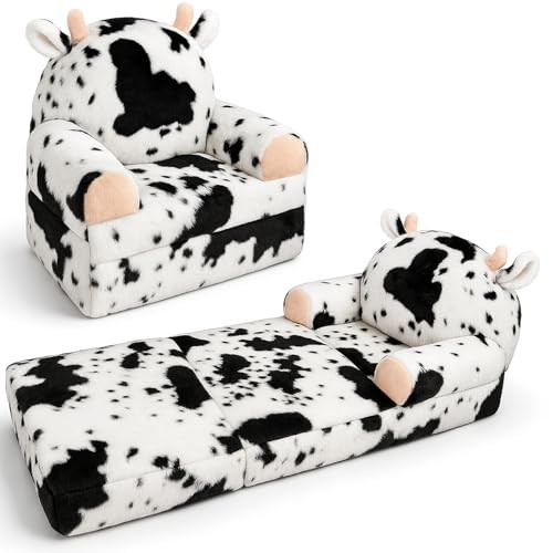 Toddler Chair with Faux Rabbit Fur – 2-in-1 Foldable Kids Couch, Soft Sofa cow