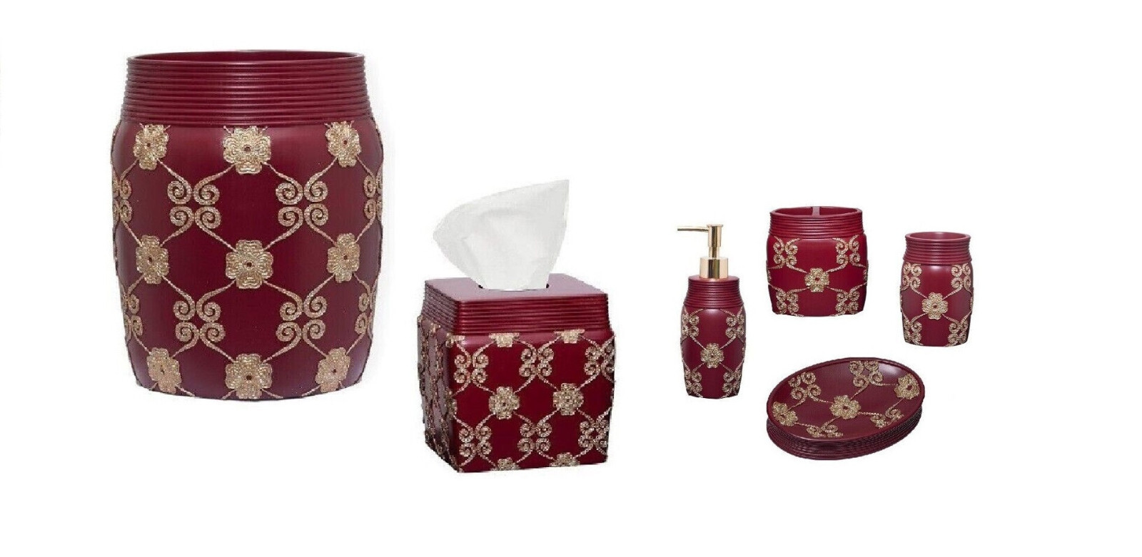 Popular Bath  6 Piece Resin Basket and Bath Accessory Set, Burgundy and Gold