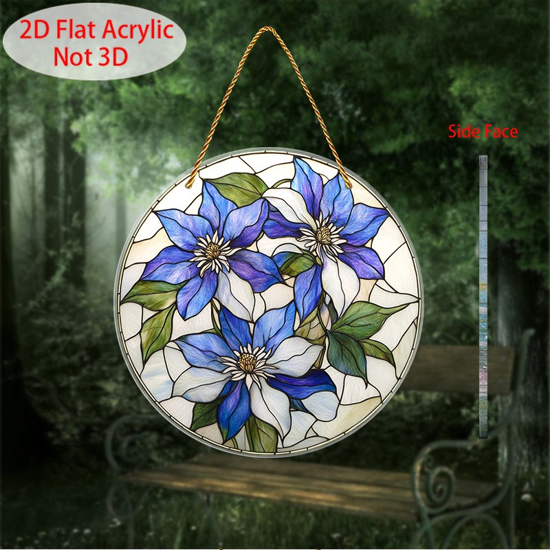 Blue Clematis Flowers Acrylic Suncatcher Whimsical Garden Boho Window Wall Decor