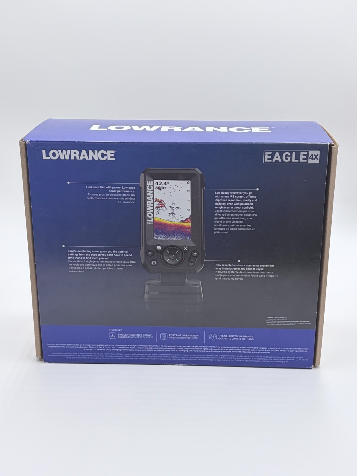 Lowrance Eagle 4x Sonar Fishfinder IPS Solar Max 4" Display Bullet Transducer