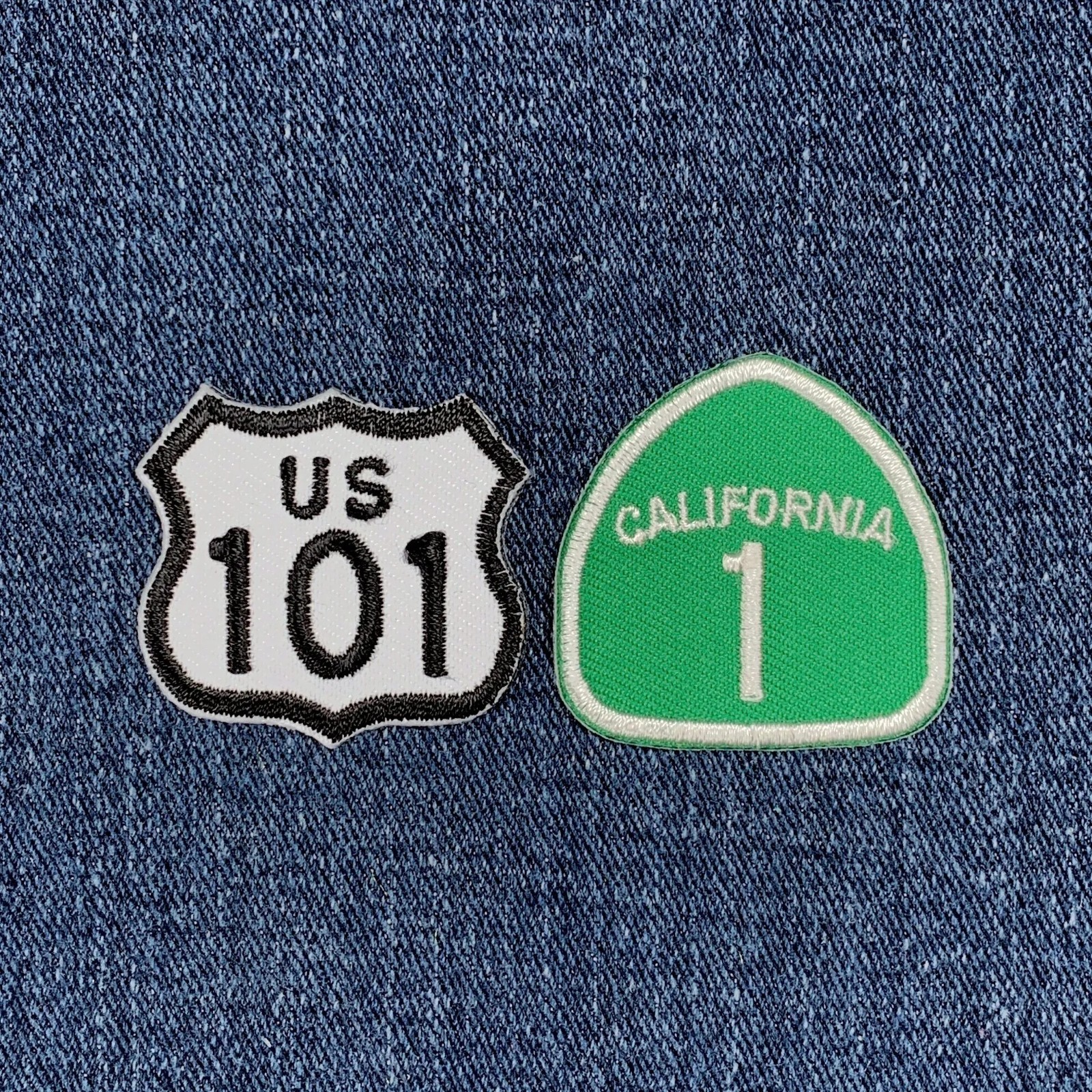 2-Pack US 101 & California 1 Patch Set - Mini Embroidered Highway Sign Badges
