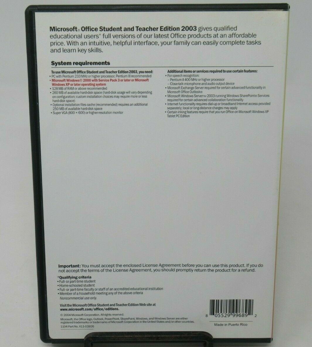 MICROSOFT OFFICE STUDENT & TEACHER EDITION 2003 CD & PROD.KEY, WIN 2000/XP