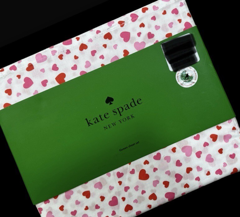 Kate Spade QUEEN Sheet Set Cotton Percale PINK & RED Hearts on White Sheets NWT