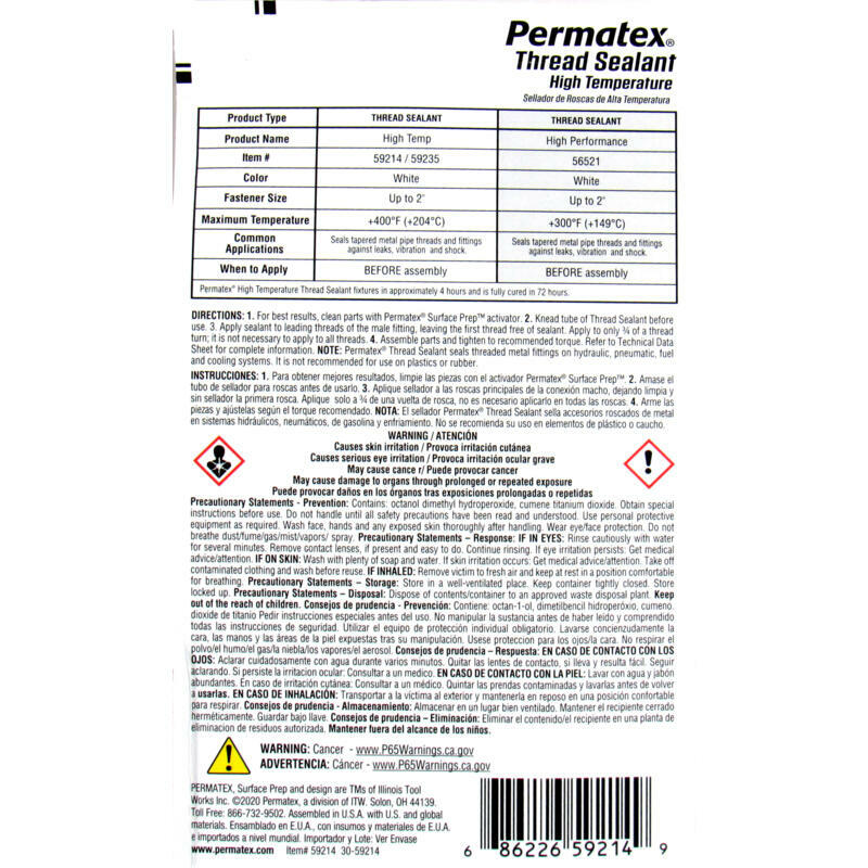 Permatex Thread Sealant 59214; High Temperature 6.0ml Squeeze Tube