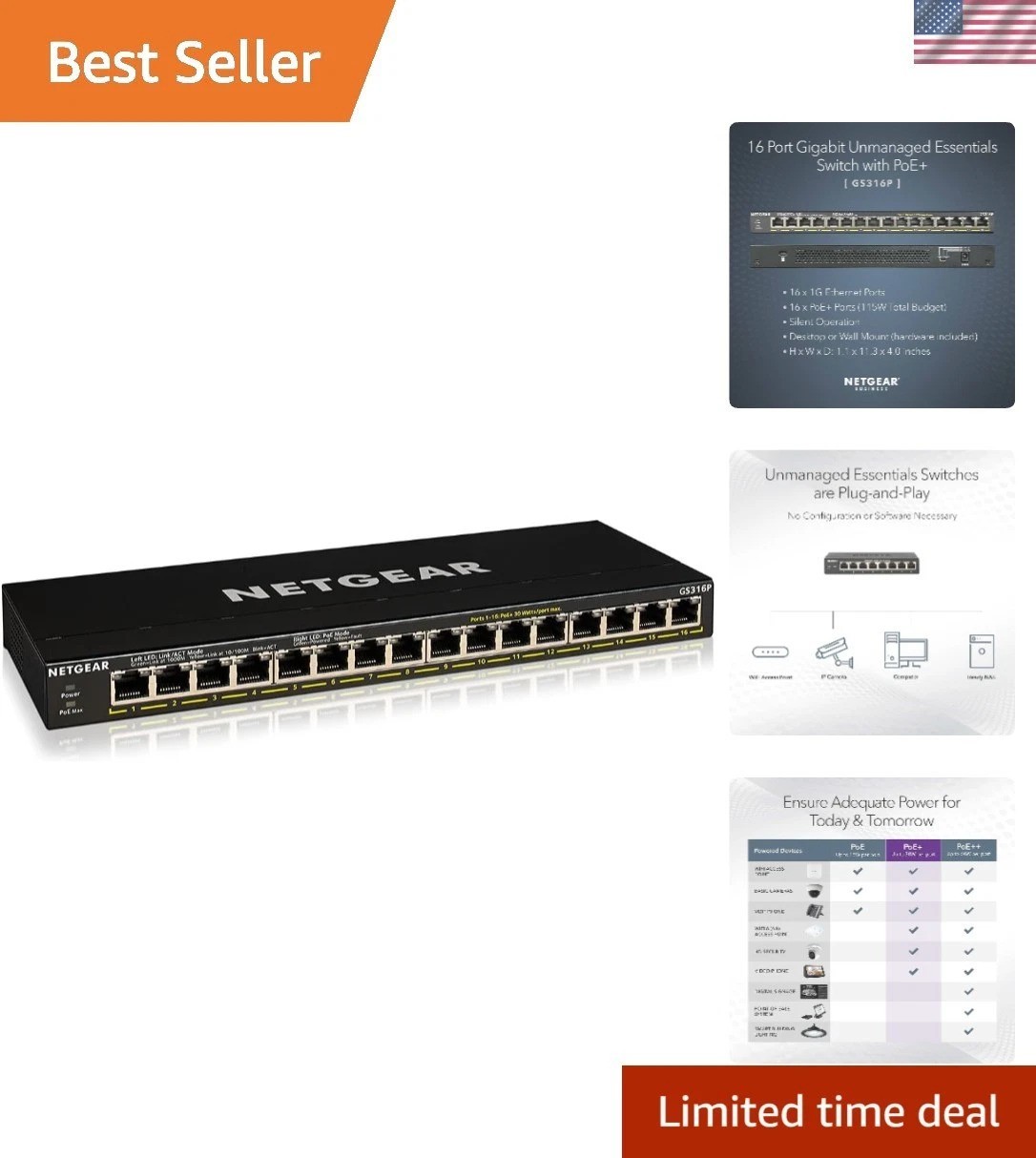 16-Port PoE+ Gigabit Ethernet Unmanaged Essentials Switch GS316P - with 16 x ...