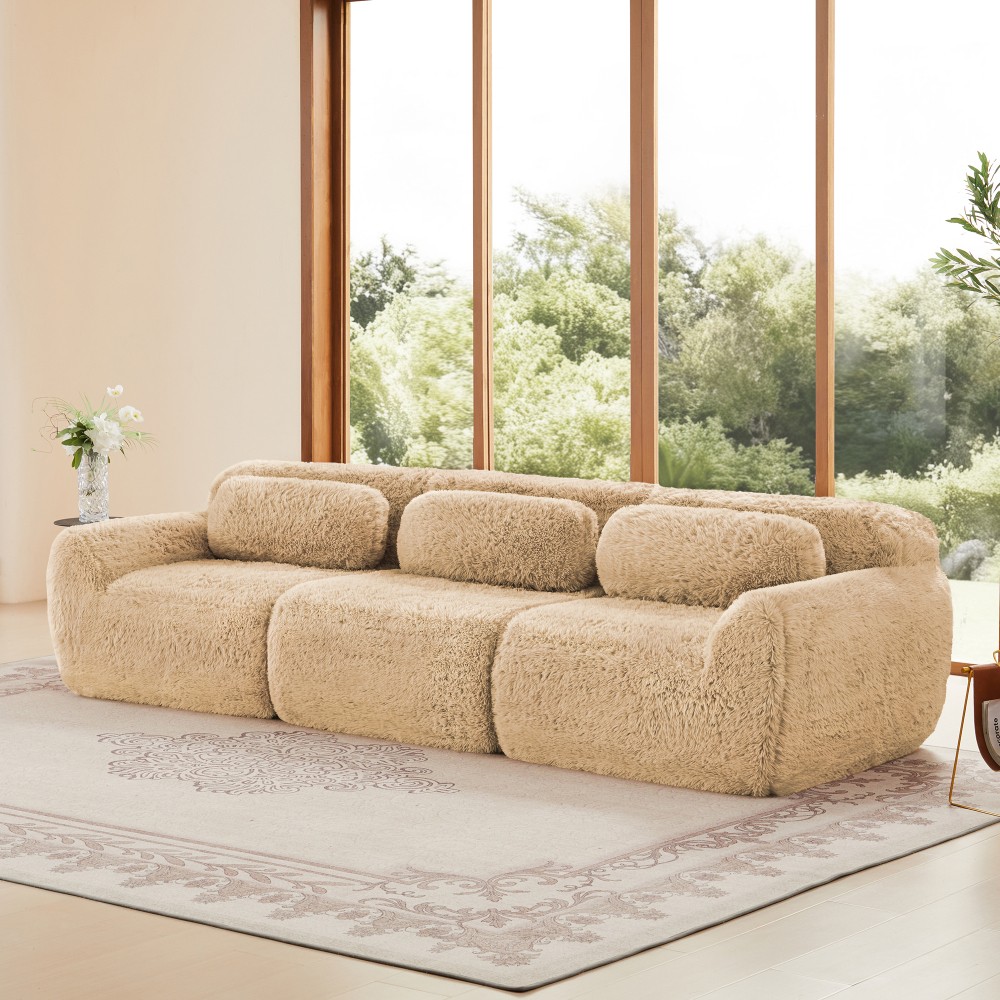 114'' Modular Sectional Sofa w/ Ottoman & Pillows, Plush Fabric, Light Khaki