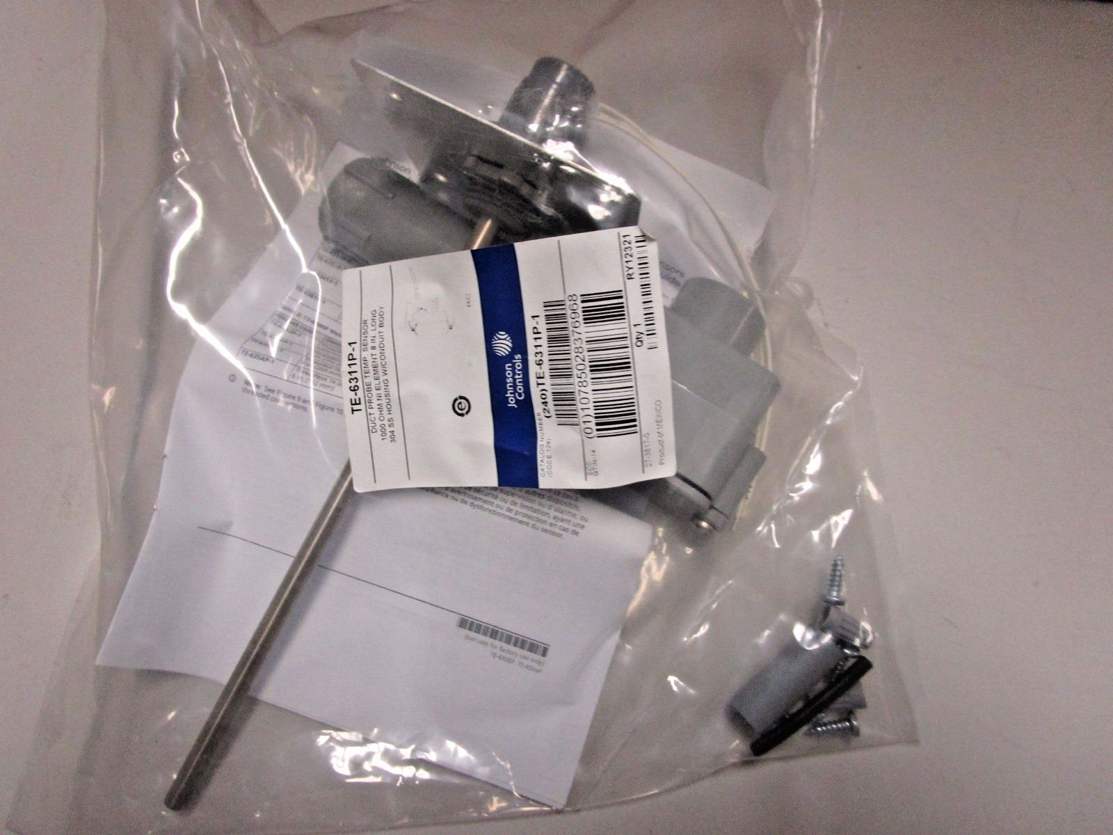 JOHNSON CONTROLS DUCT PROBE TEMP. SENSOR 1K NICKEL OHM 8" ELEMENT #TE-6311P-1