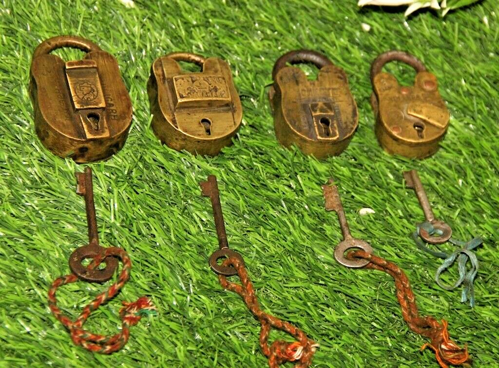 Lot of 4 Antique Brass Solid Security Lock & Key Hand Crafted Original Working