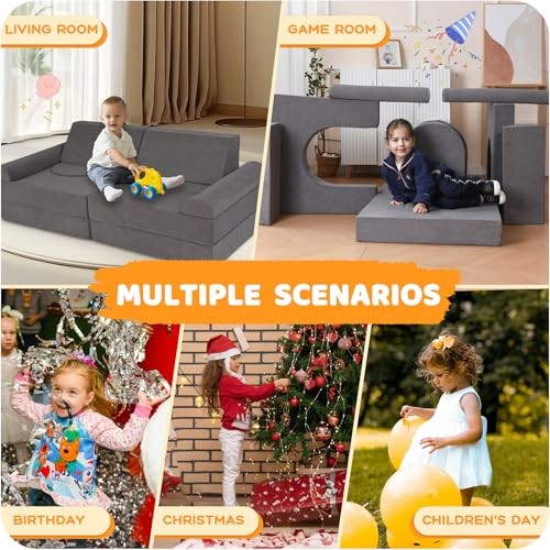 12-Piece Modular Kids Play Couch – Premium Soft Foam, Removable Cover, Grey