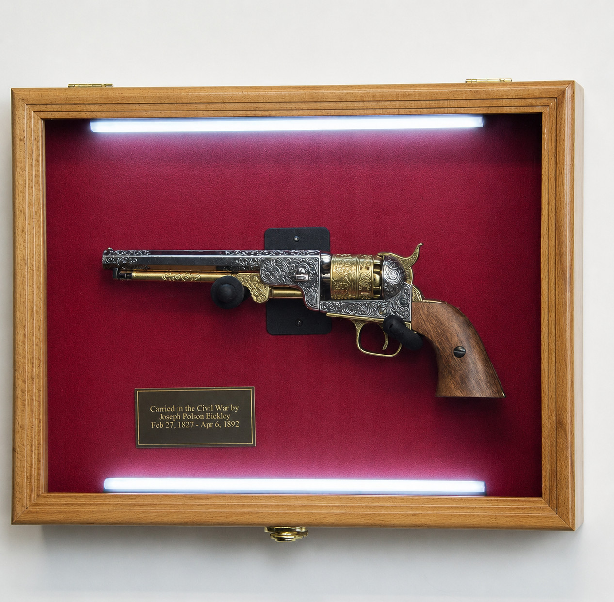 LARGE Gun Display Case Oak & Red Wood Handgun Revolver Lock LED Light Shadow Box