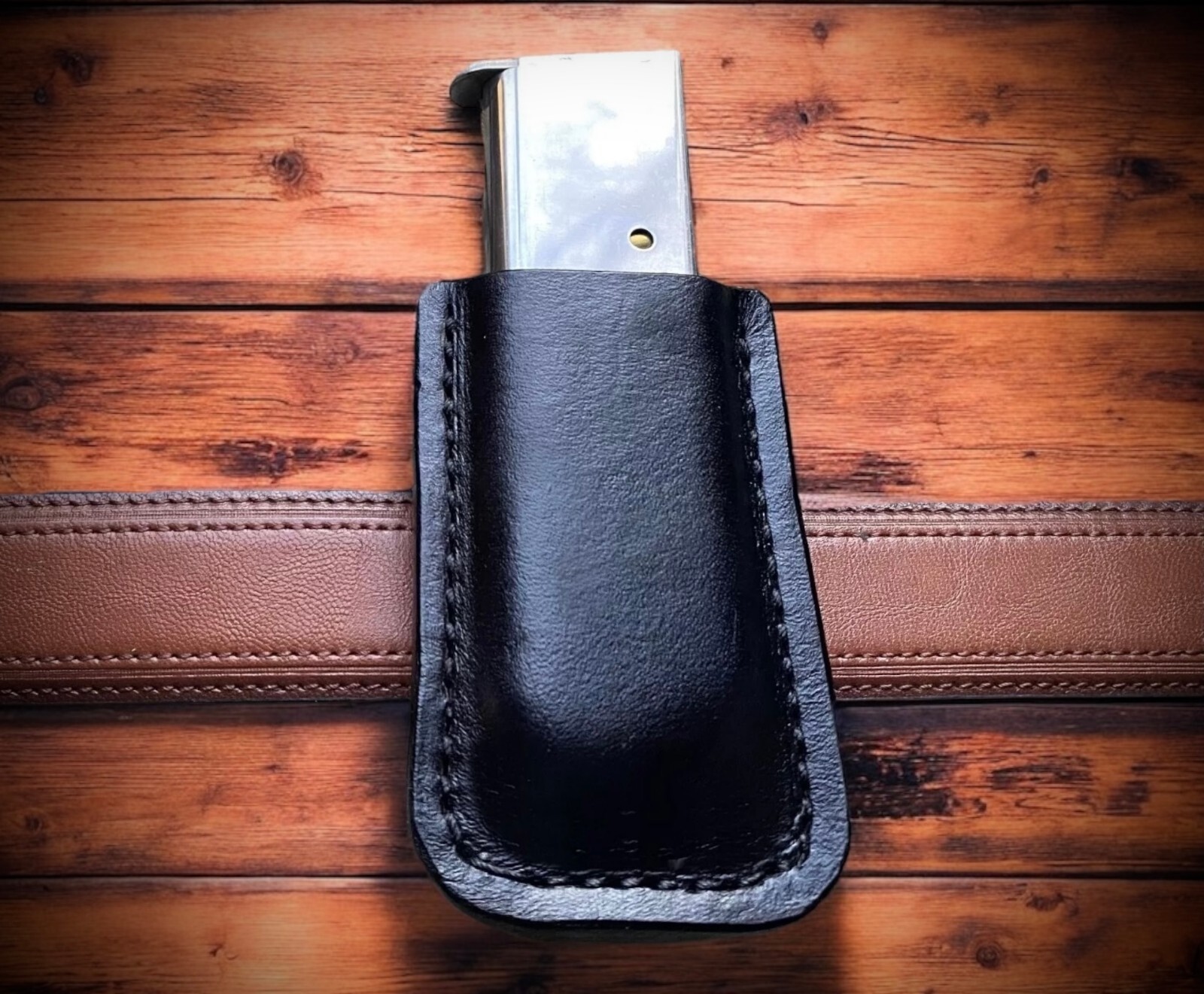 Leather Molded Magazine Holder Sewn Belt loop, Ambidextrous, Wear On Either Side