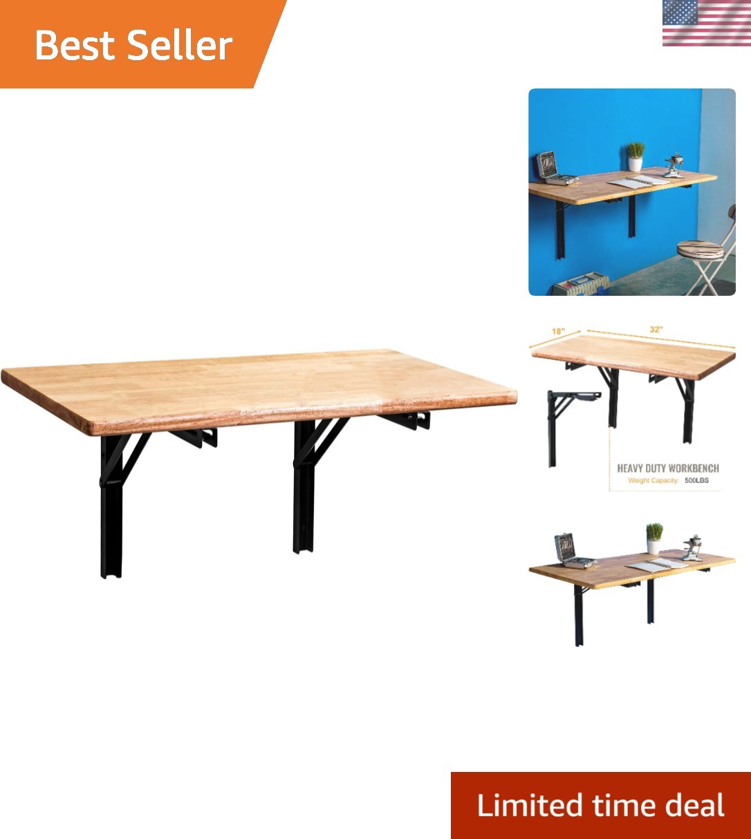 Elegant Wall-Mounted Folding Workbench 32x18 - Heavy Duty Utility Table