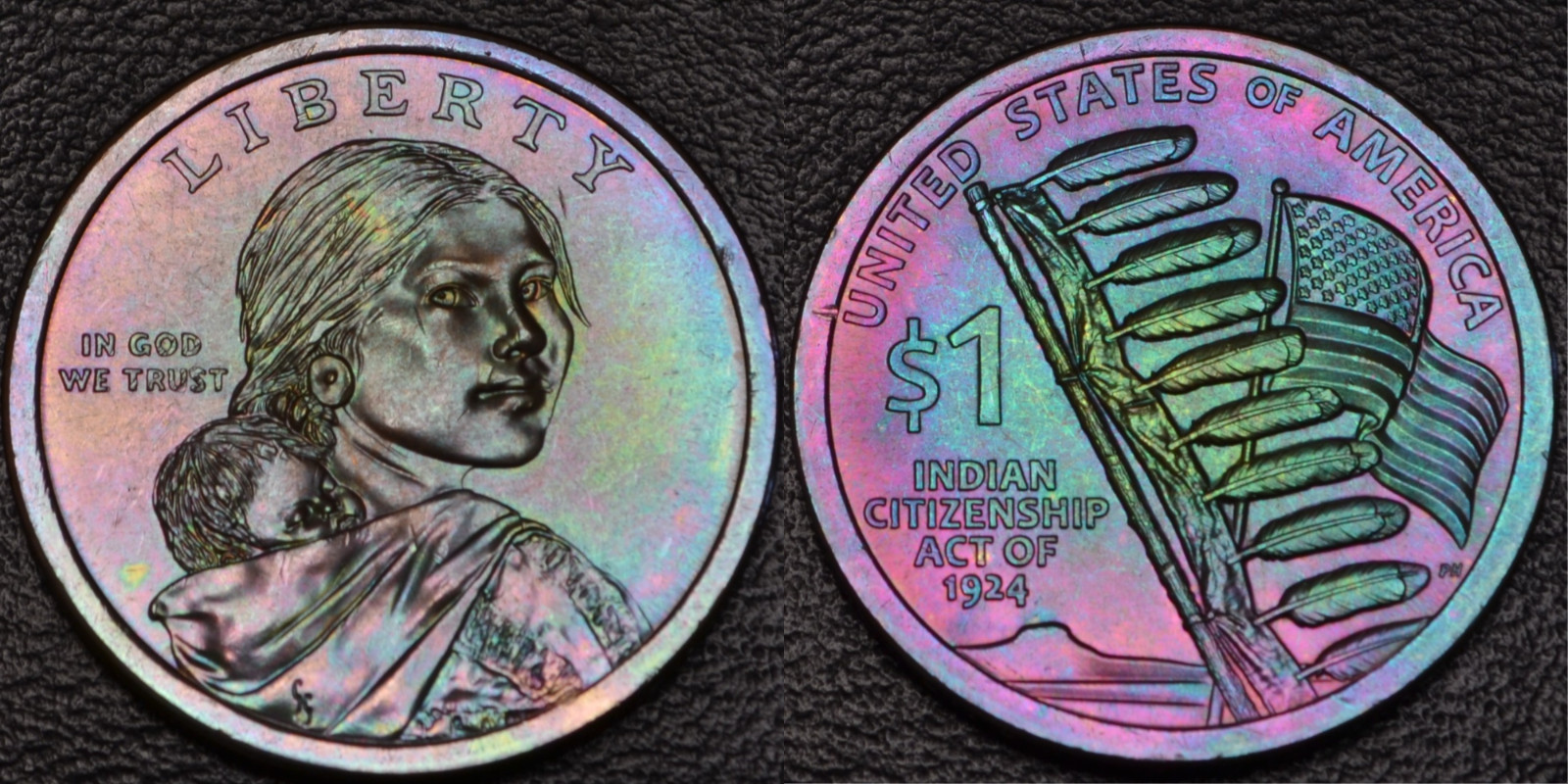 UNC 2024-P Sacagawea Native American $1 dollar Rainbow Toned (62-41)