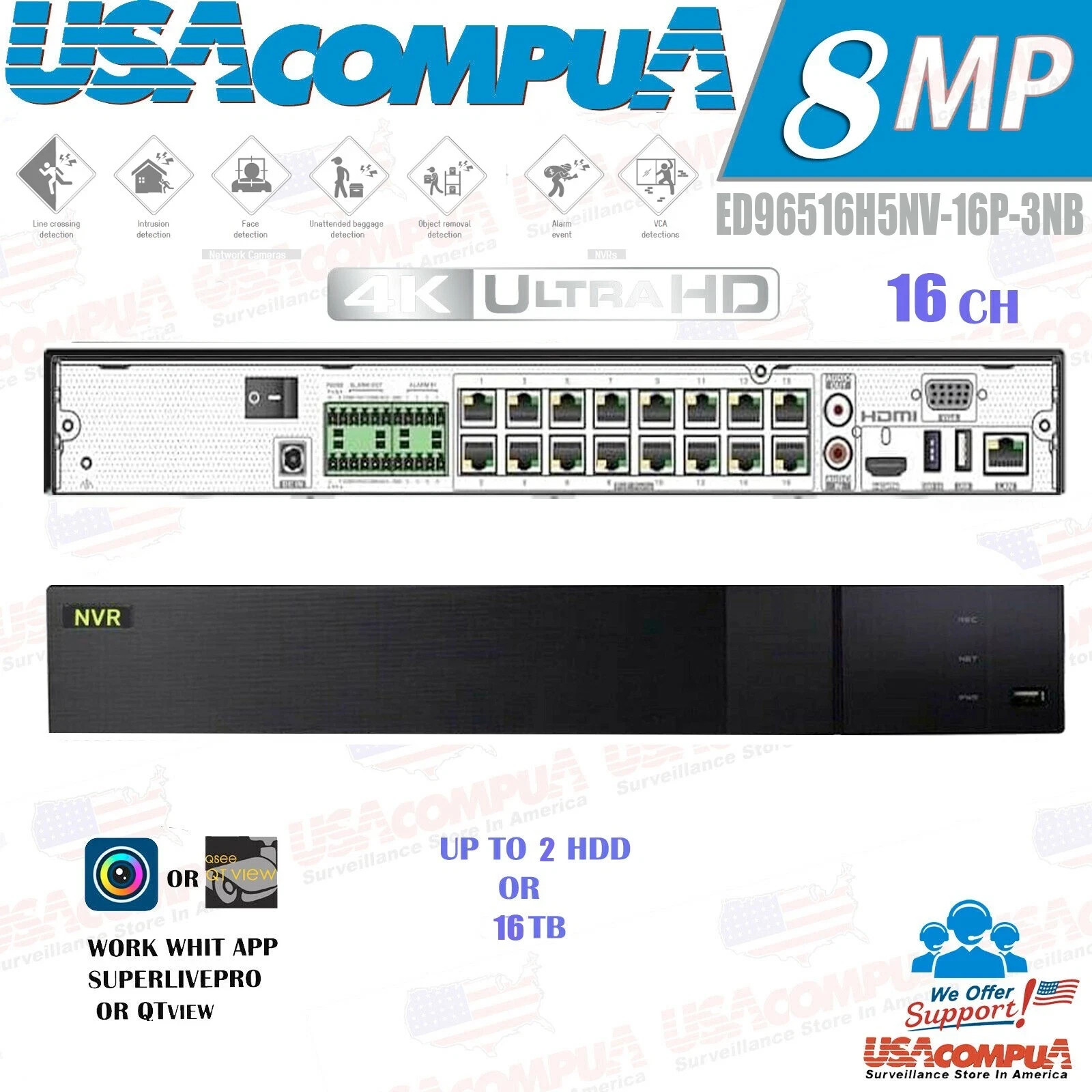 ED9516H5NV-16P-3NB TITANIUM/TVT  16CH POE 4K NVR 2 SATA  (No HDD) up to 8MP